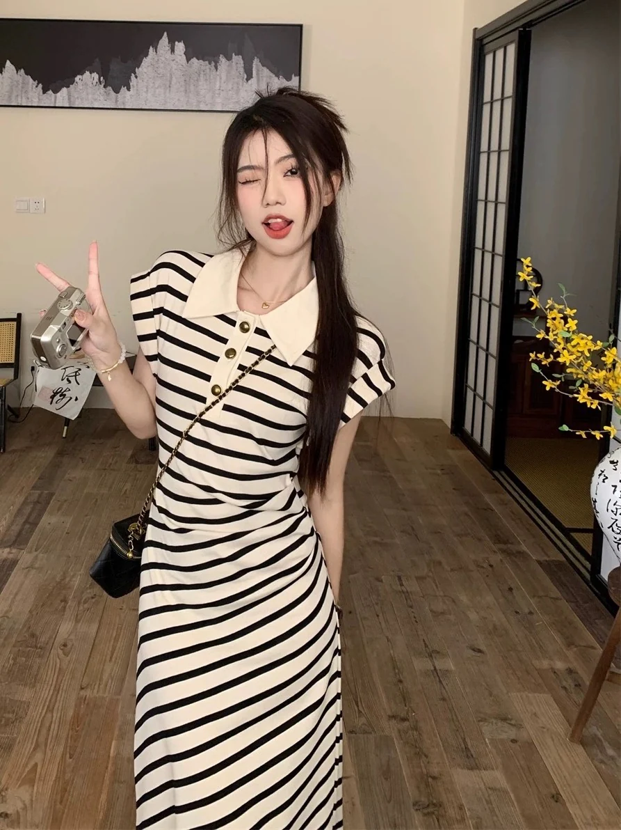 French high-end temperament polo collar striped knitted dress 2024 summer slim slim long skirt for women - EHAORUI
