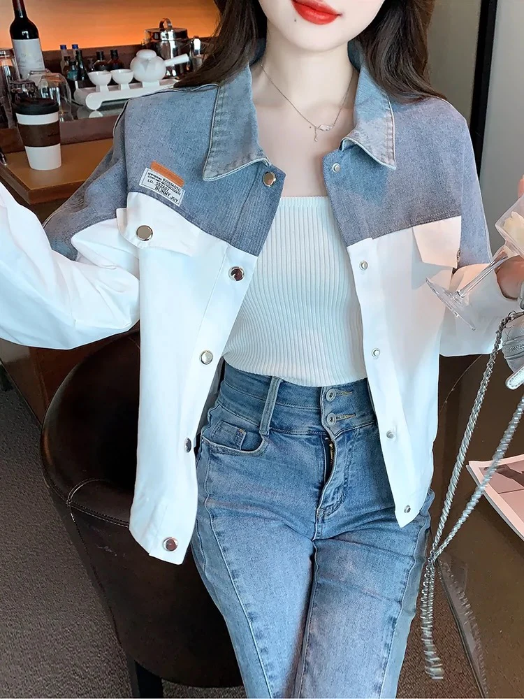 Stitched contrasting denim jacket for women early spring 2024 spring new style thick loose outer cardigan short top - EHAORUI
