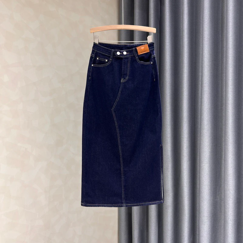 Dark blue denim half-length skirt women's summer new solid color all-match side slit high waist a-line bag hip one-step skirt - EHAORUI