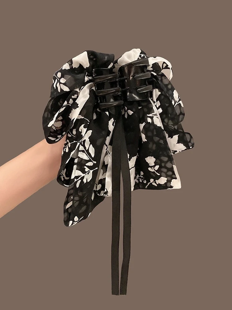 Retro Printed Bow Clip Women's High-Level Elegant Ribbon Hairpin Back of Head 2023 New Korean Style Hair Accessories - EHAORUI