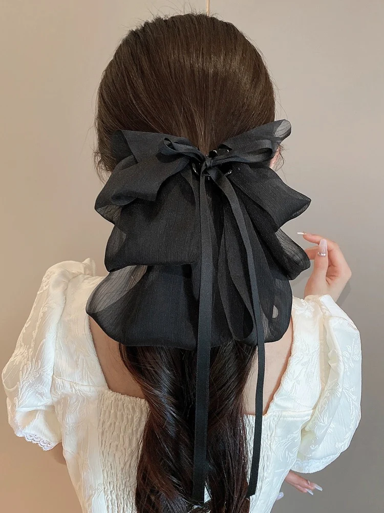 French gentle temperament bow ribbon grab clip showing face small back head hair clip shark clip hair accessories clip - EHAORUI