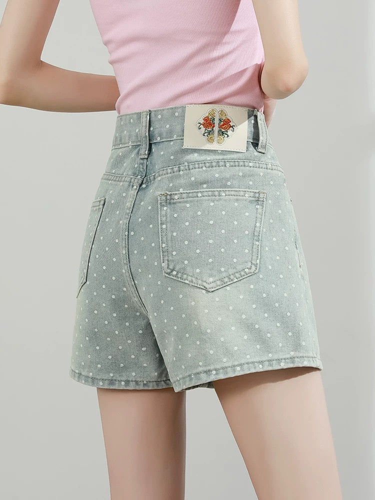 Polka dot denim shorts women summer 2025 new high waist loose wide leg slim blue a hot girl hot pants thin - EHAORUI