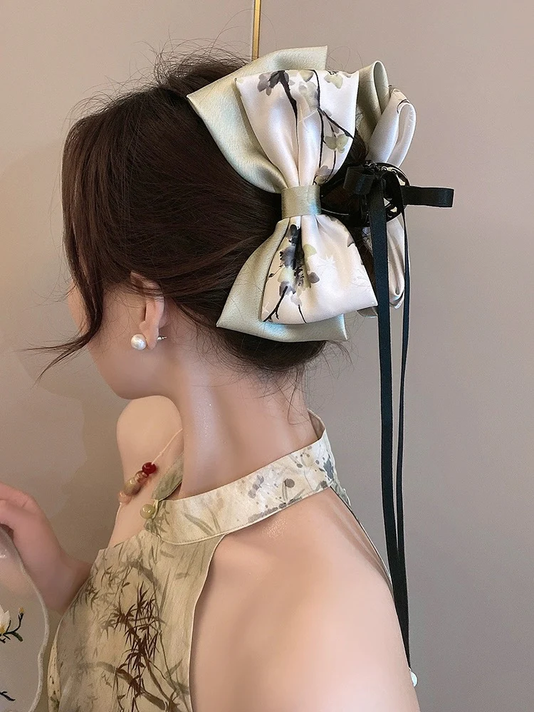 New Chinese style bow ribbon grabber for women's back of head large hairpin shark clip hairpin ancient style Hanfu hair accessory - EHAORUI