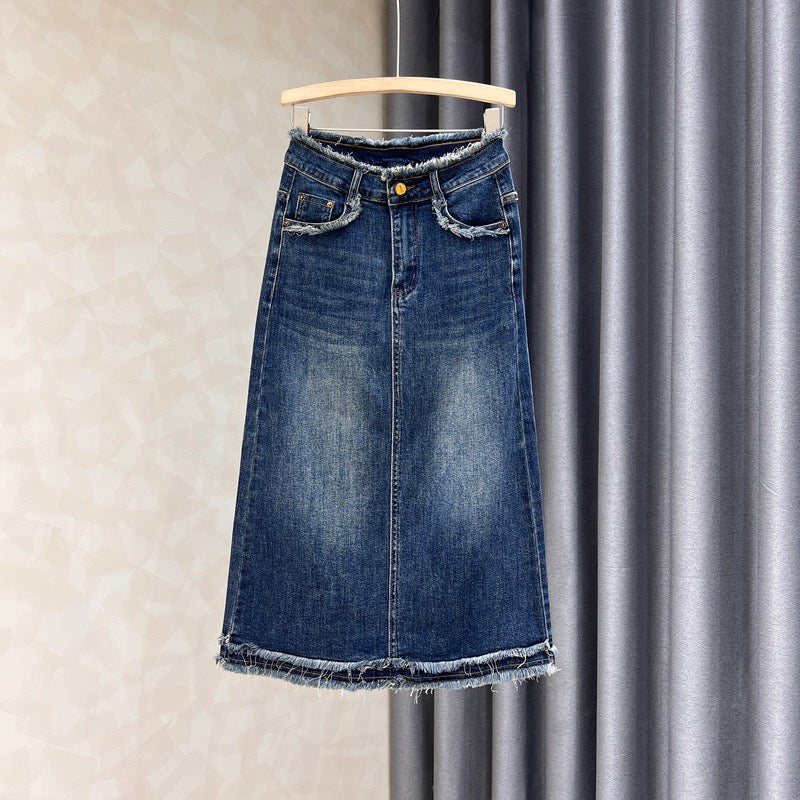 Design sense denim skirt women's spring and summer new washed white fur edge high waist slim a-line bag hip long skirt - EHAORUI