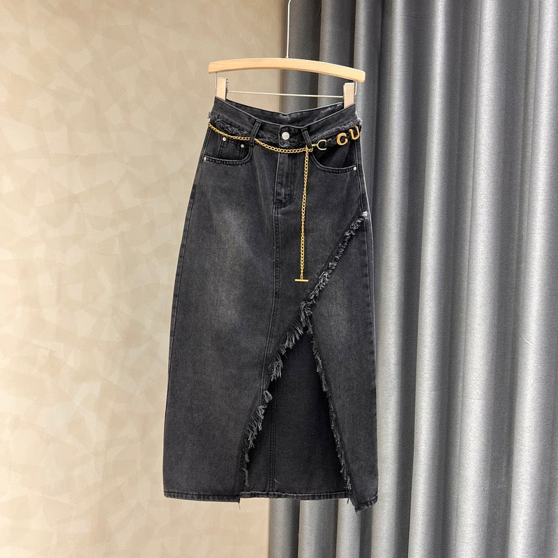 Cotton denim skirt female 2022 new temperament thin all-match splicing raw edge slit high waist bag hip dress - EHAORUI