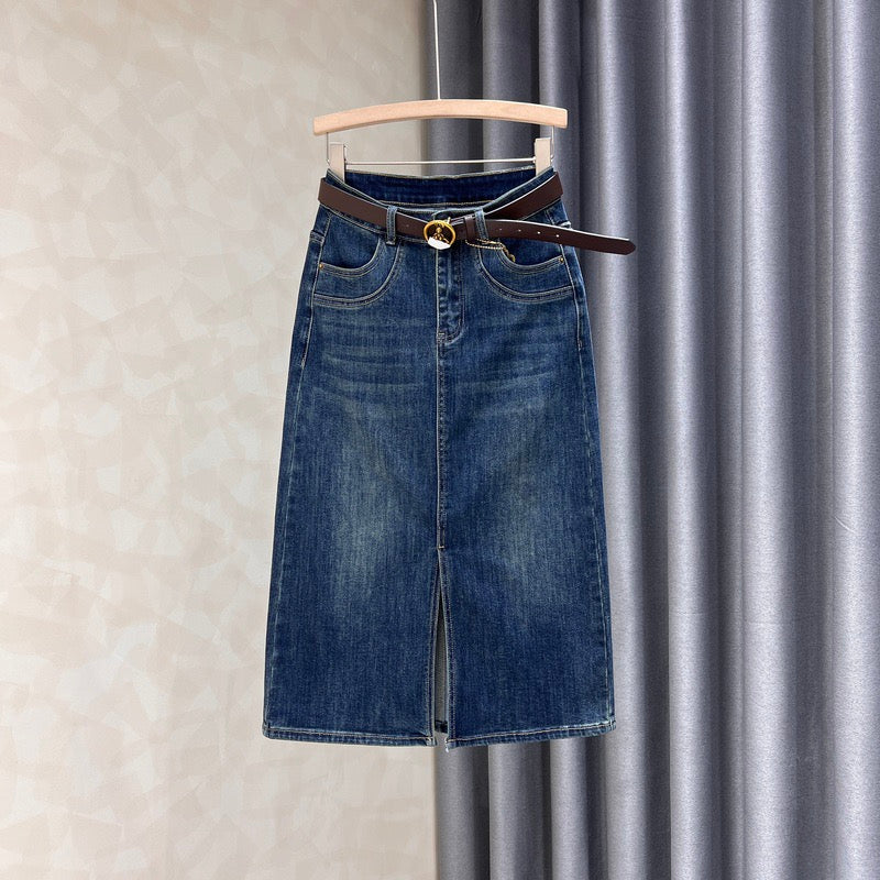 Dark denim skirt women's mid-length autumn new slim fit and thin front slit high waist a-line bag hip skirt - EHAORUI