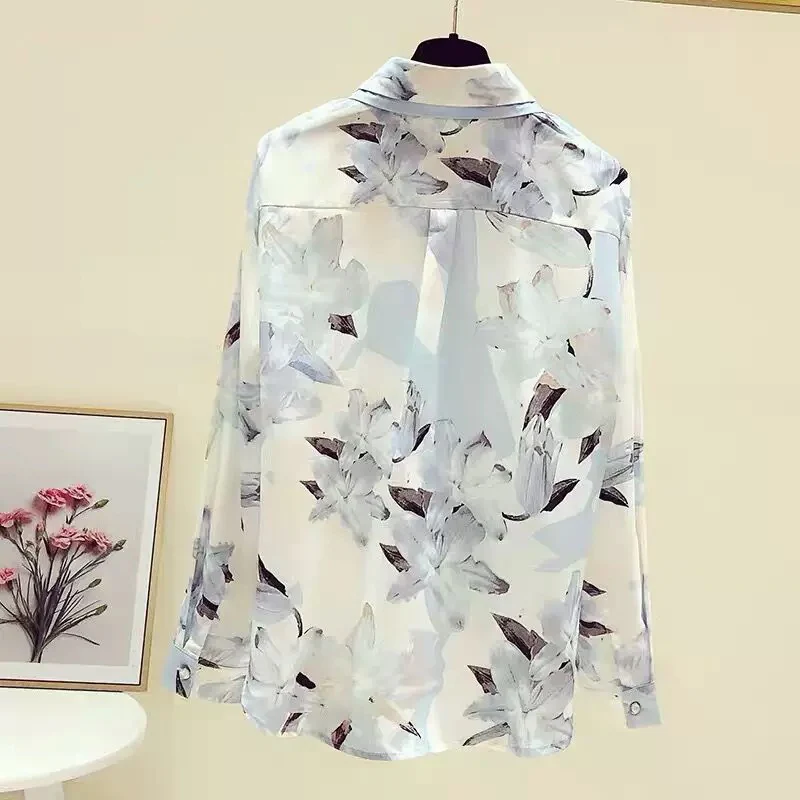 Women's clothing cutting label counter withdrawal foreign trade spring and autumn retro Hong Kong style floral long-sleeved chiffon shirt top women - EHAORUI
