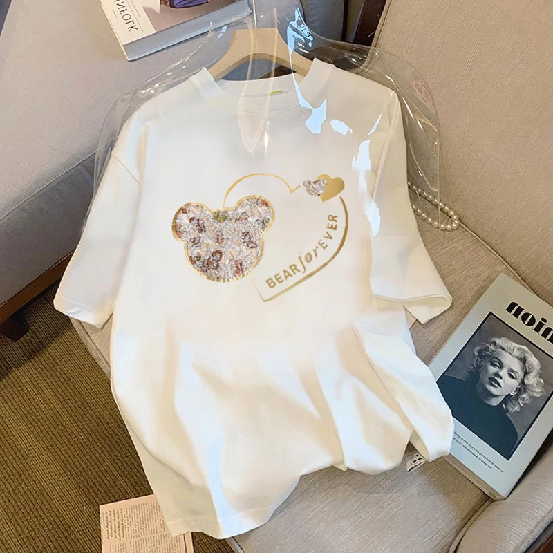 White t-shirt women's short-sleeved summer design feeling niche loose cotton bear love foreign style age-reducing top ins tide - EHAORUI