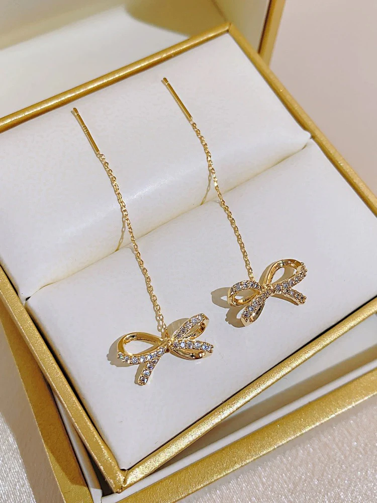 High-end golden bow earrings, long tassel earrings, elegant ear piercing earrings, 2023 new trendy women's thin - EHAORUI