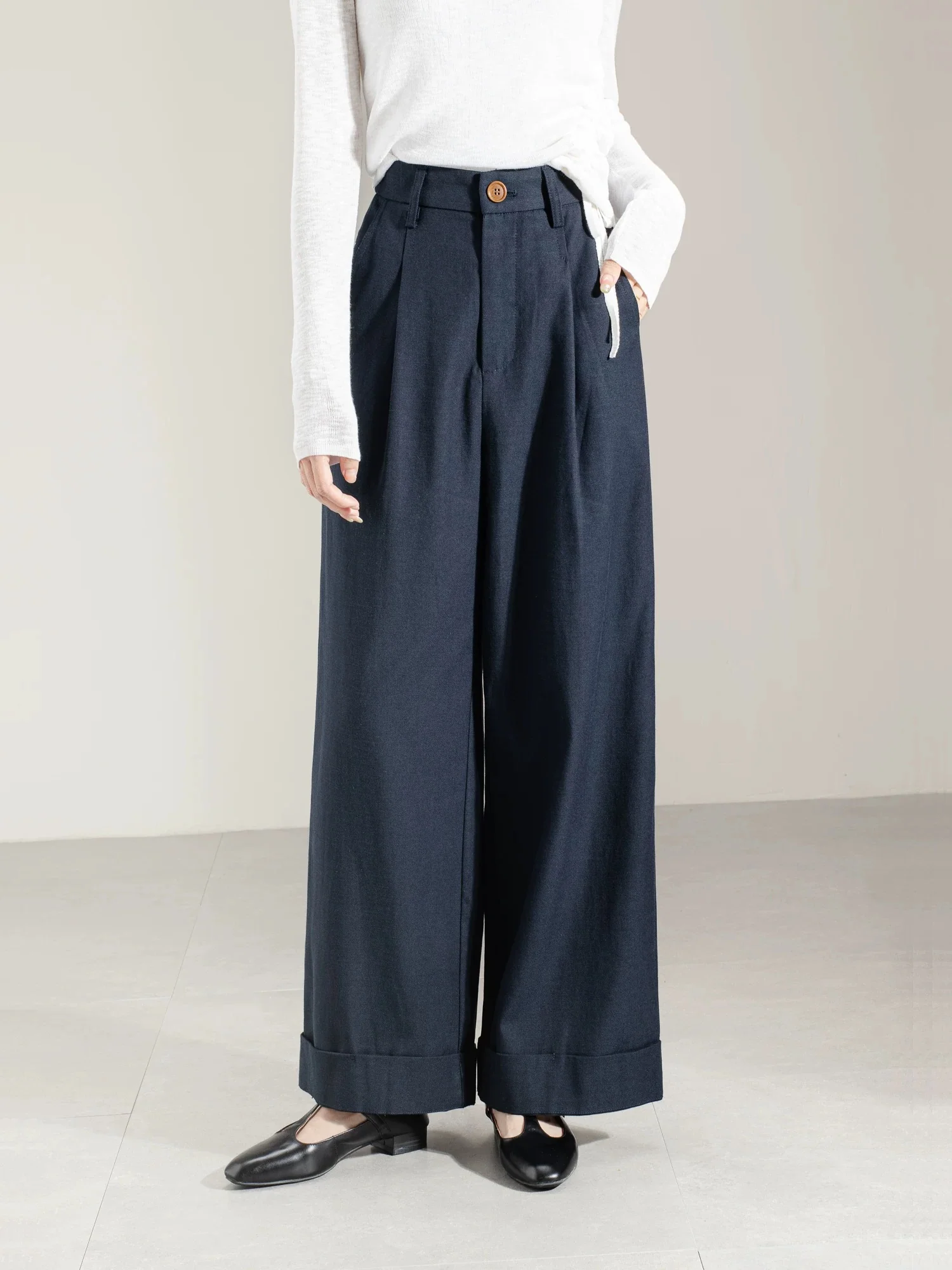 Commuter retro navy blue Tencel cotton rolled-edge casual pants for women autumn and winter elastic waist loose narrow version nine-point straight pants - EHAORUI