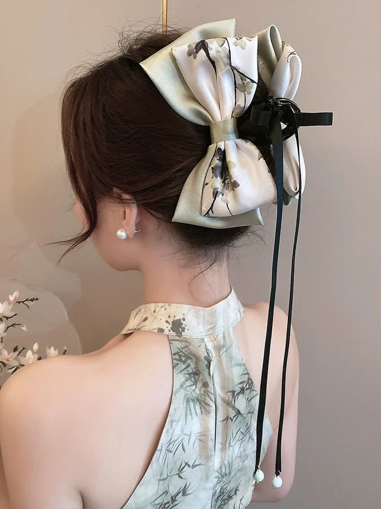 New Chinese style bow ribbon grabber for women's back of head large hairpin shark clip hairpin ancient style Hanfu hair accessory - EHAORUI