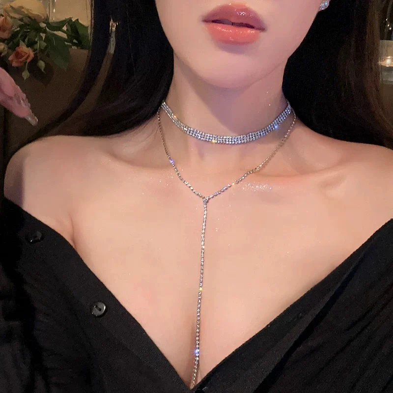 Attending a dinner together ~ full diamond super flash tassel necklace women's light luxury niche design chest chain advanced clavicle chain neck necklace - EHAORUI