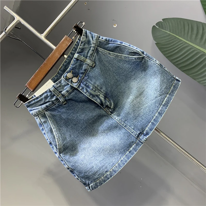 European goods 2023 spring new retro blue denim short skirt double button buckle non-bullet anti-light a-line sexy skirt - EHAORUI