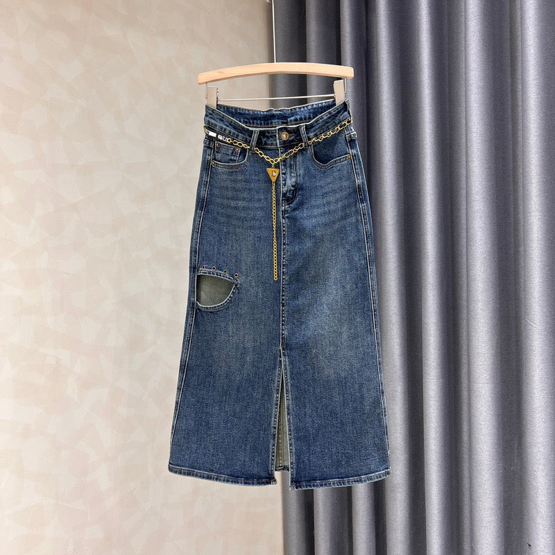 High waist denim skirt women's 2022 autumn new temperament thin ripped hole slit elastic a-line bag hip long skirt - EHAORUI