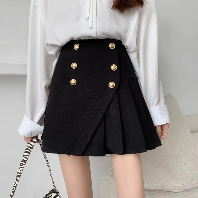 Large size irregular pleated skirt short skirt women's crotch cover carefully machine design sense niche double-breasted pleated skirt - EHAORUI