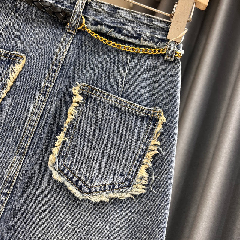 Cotton denim skirt female 2022 new temperament thin all-match splicing raw edge slit high waist bag hip dress - EHAORUI