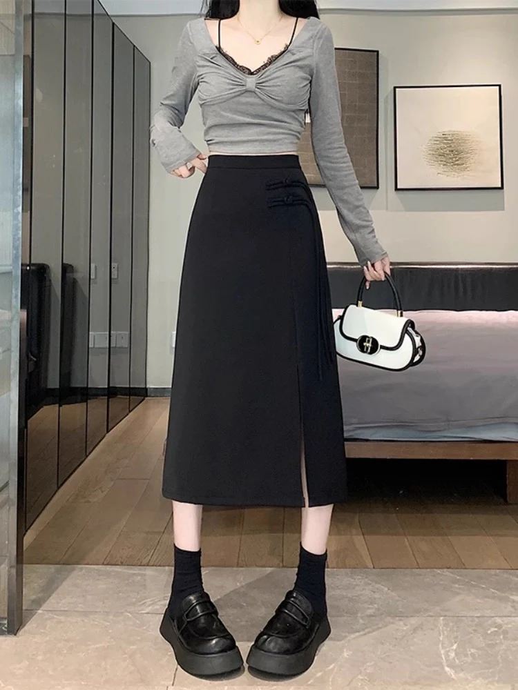 New Chinese-style slit skirt for women spring and summer 2024 new high-waist slim A-line hip-hugging Chinese-style mid-length skirt - EHAORUI