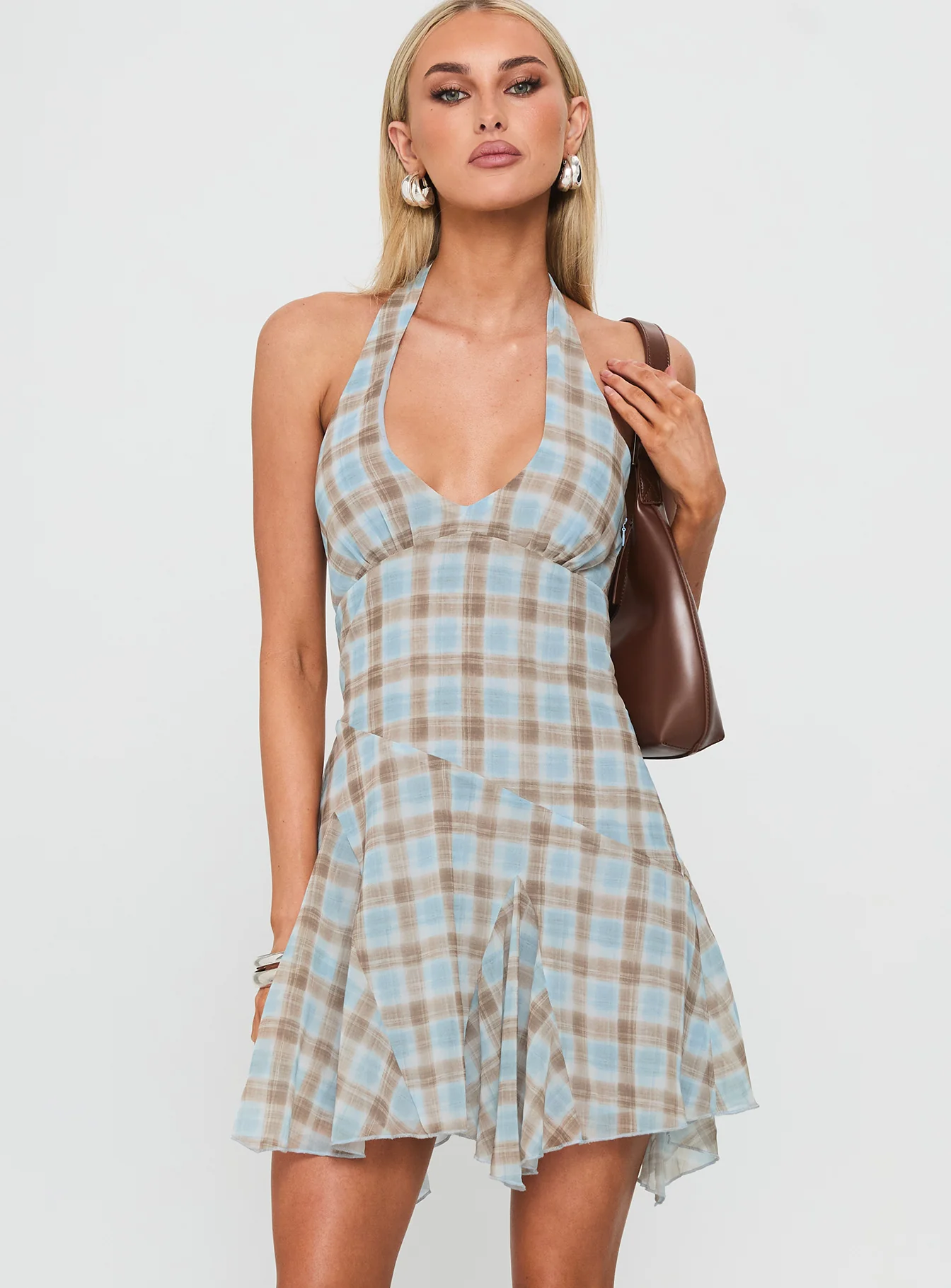 Valorie Halter Mini Dress Blue Check - EHAORUI