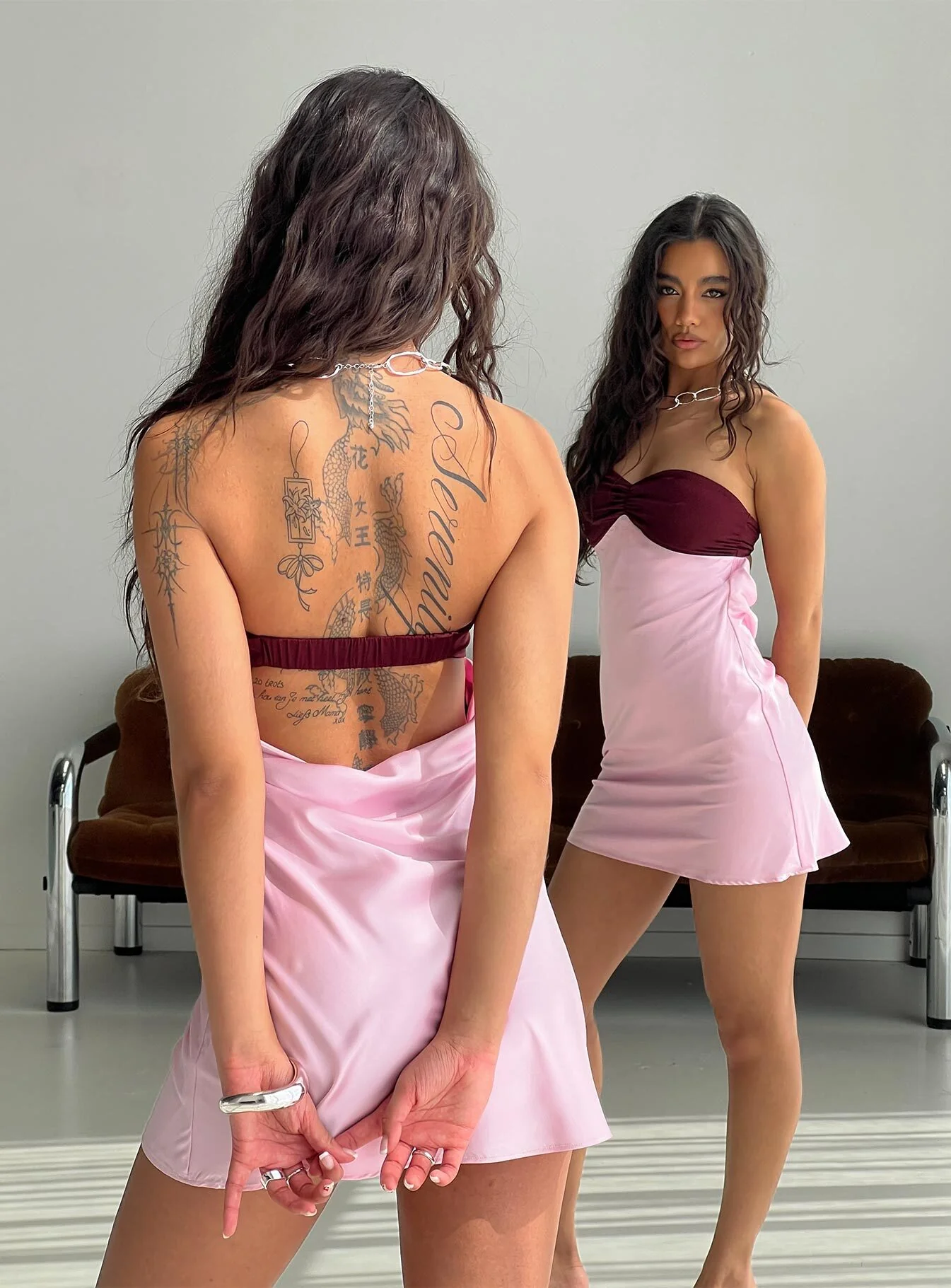 Luxa Ruched Mini Dress Pink / Wine - EHAORUI