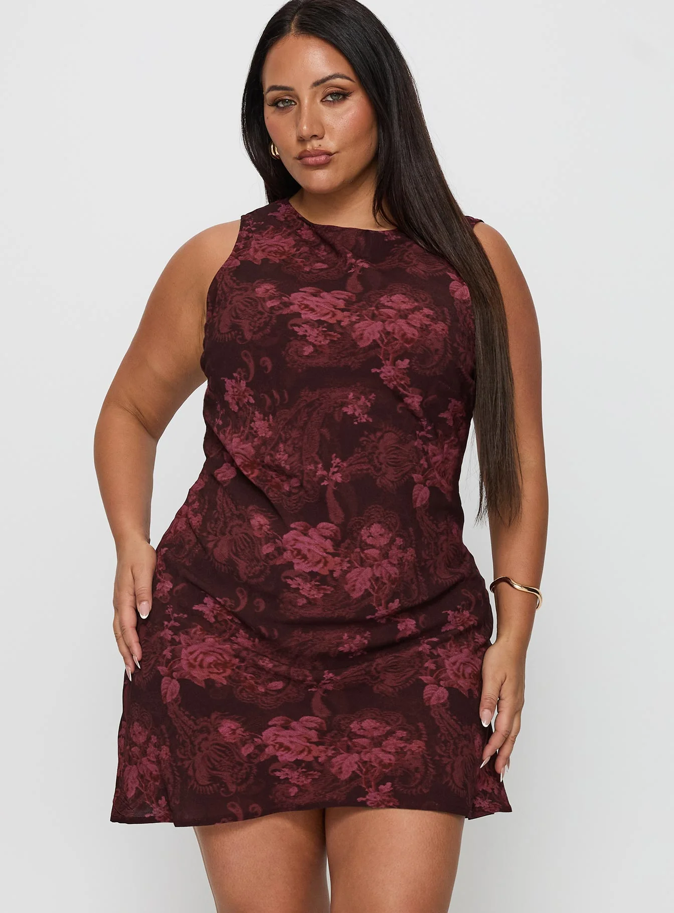 Vivre Mini Dress Burgundy Paisley Curve - EHAORUI