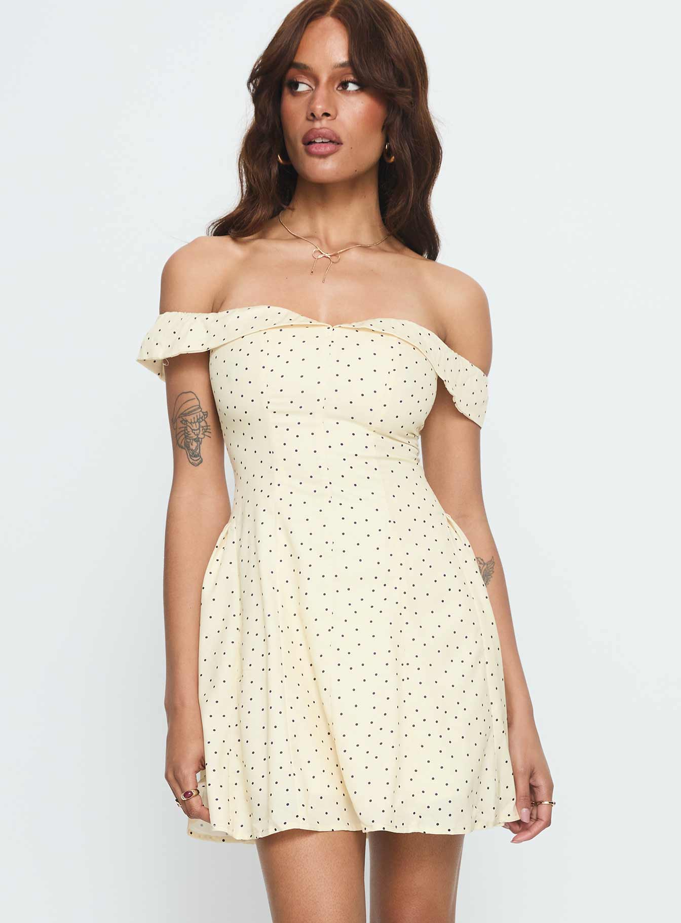 Rosebud Off The Shoulder Mini Dress Yellow / Polka Dot - EHAORUI