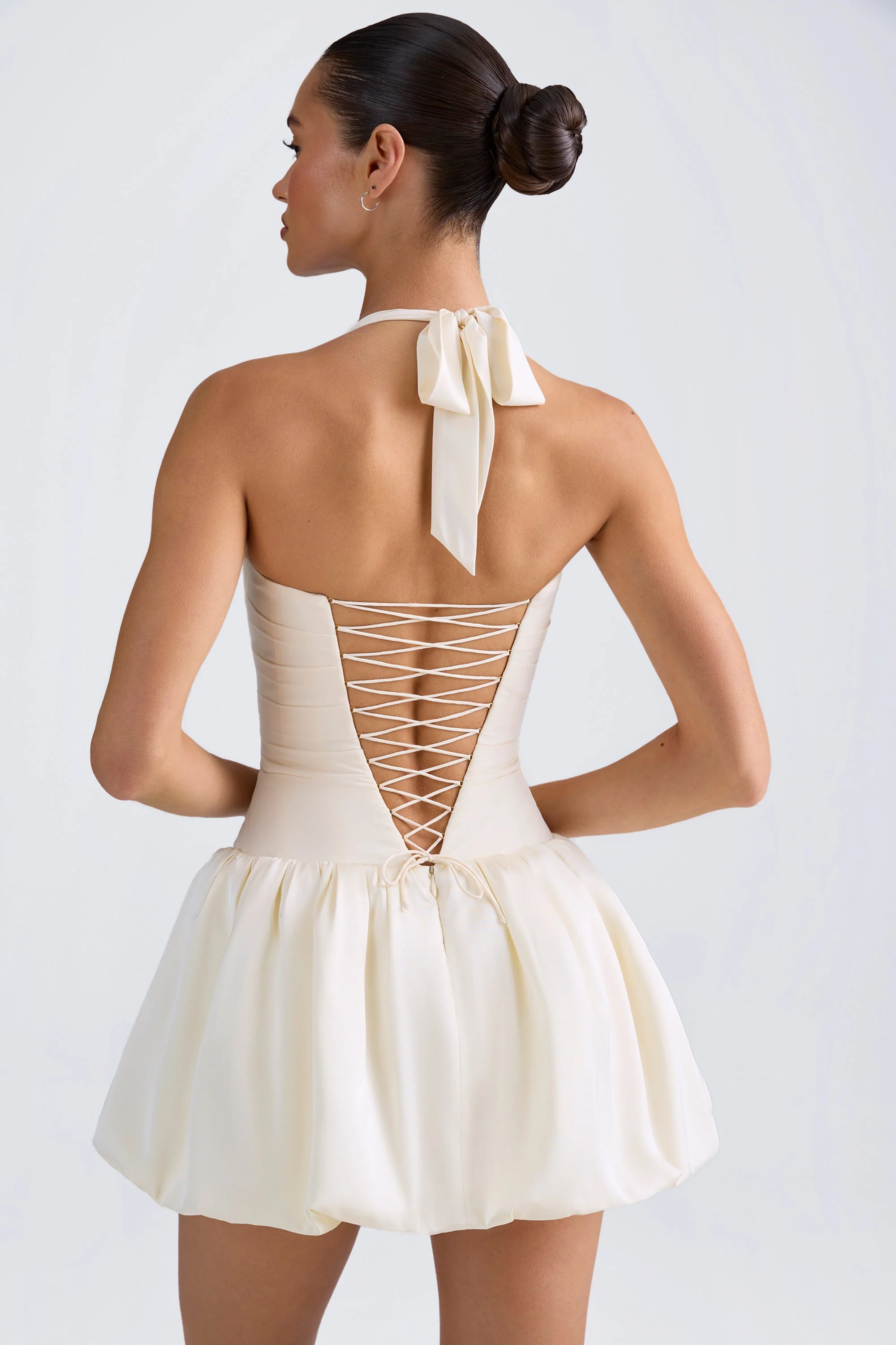 Halterneck Lace-Up Bubble Hem Corset Micro Mini Dress in Ivory - EHAORUI