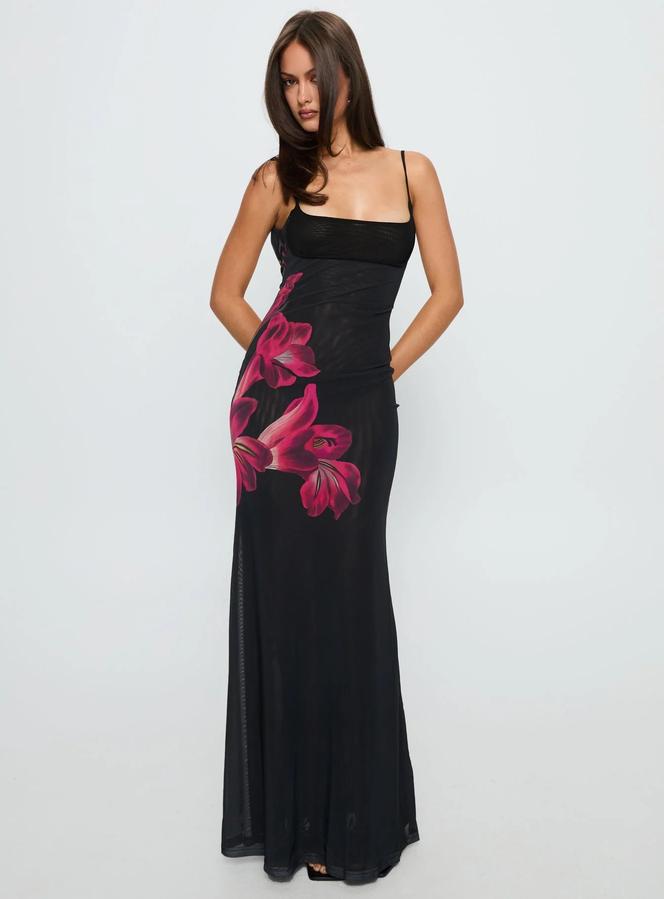 Fiadora Mesh Maxi Dress Black Floral - EHAORUI