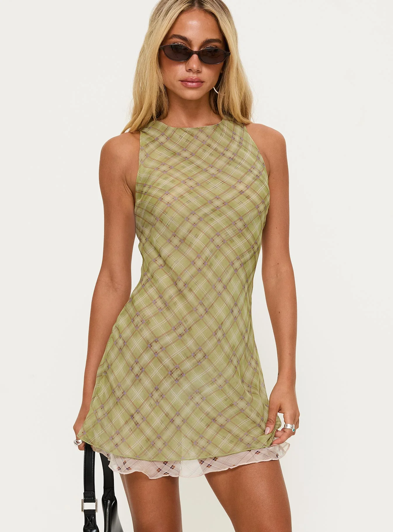 Buffie Shoulder Mini Dress Green Check - EHAORUI