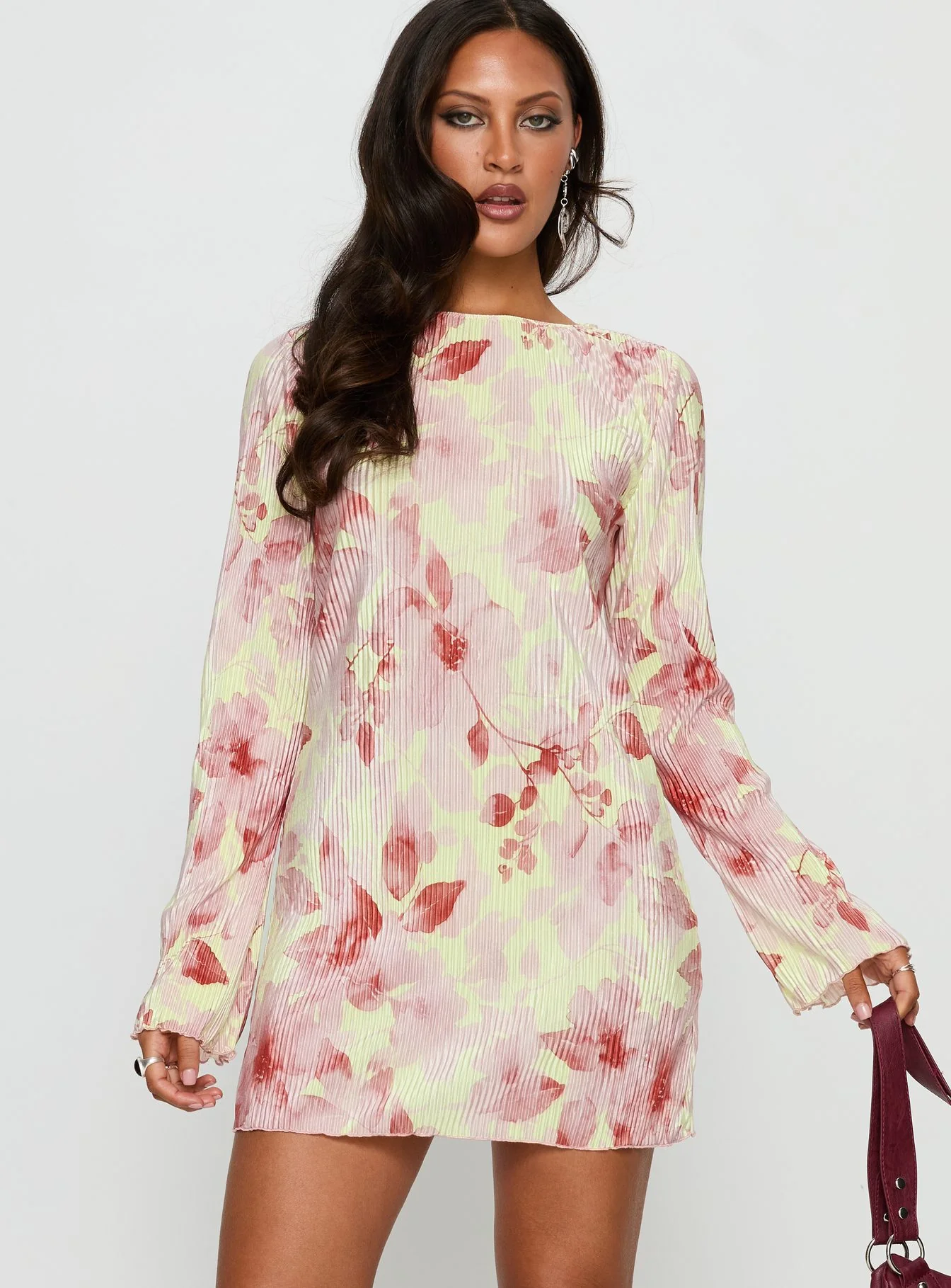 Odelie Long Sleeve Plisse Mini Dress Multi Floral - EHAORUI