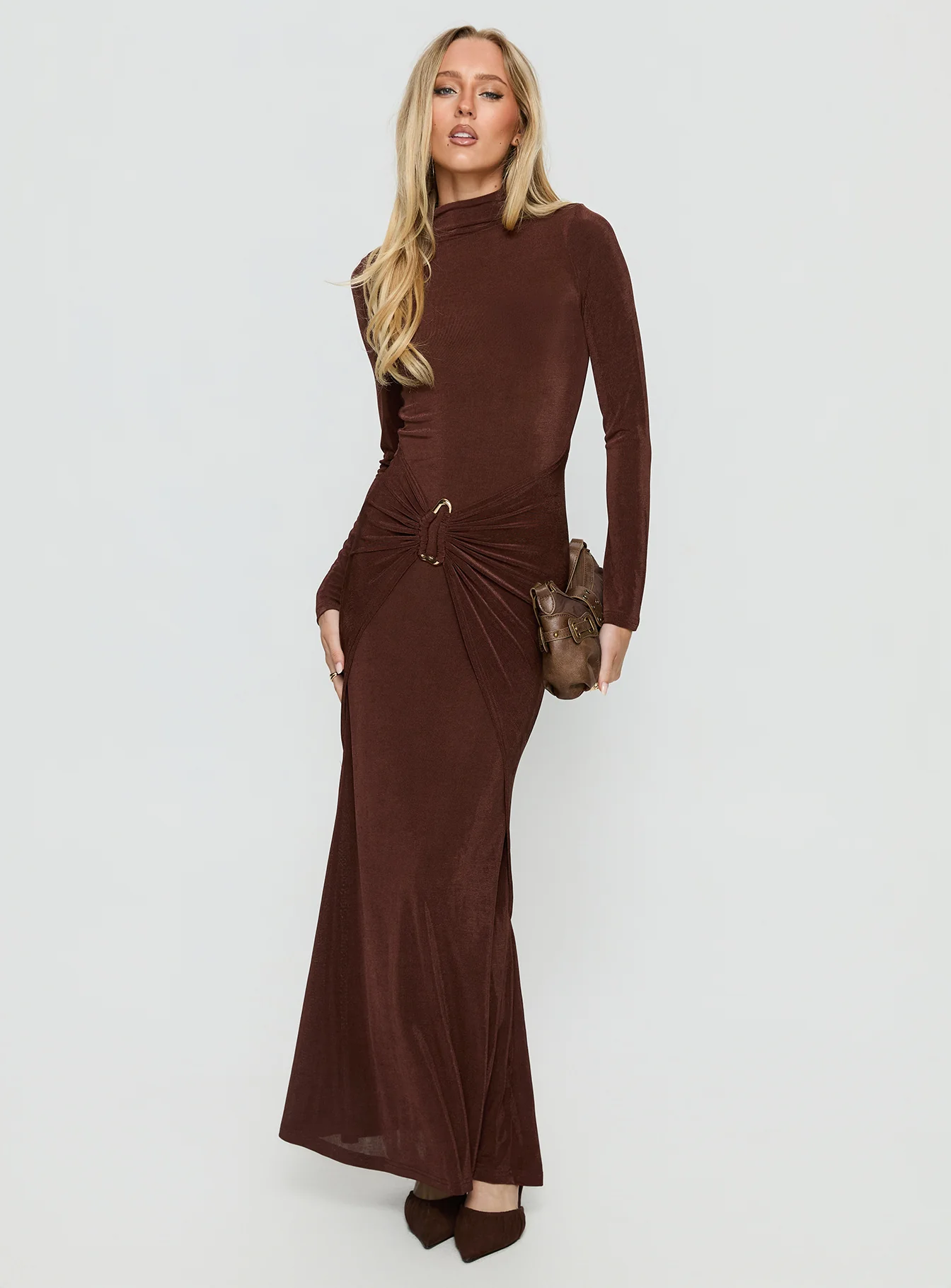 Yaqueline Long Sleeve Ruched Maxi Dress Chocolate - EHAORUI