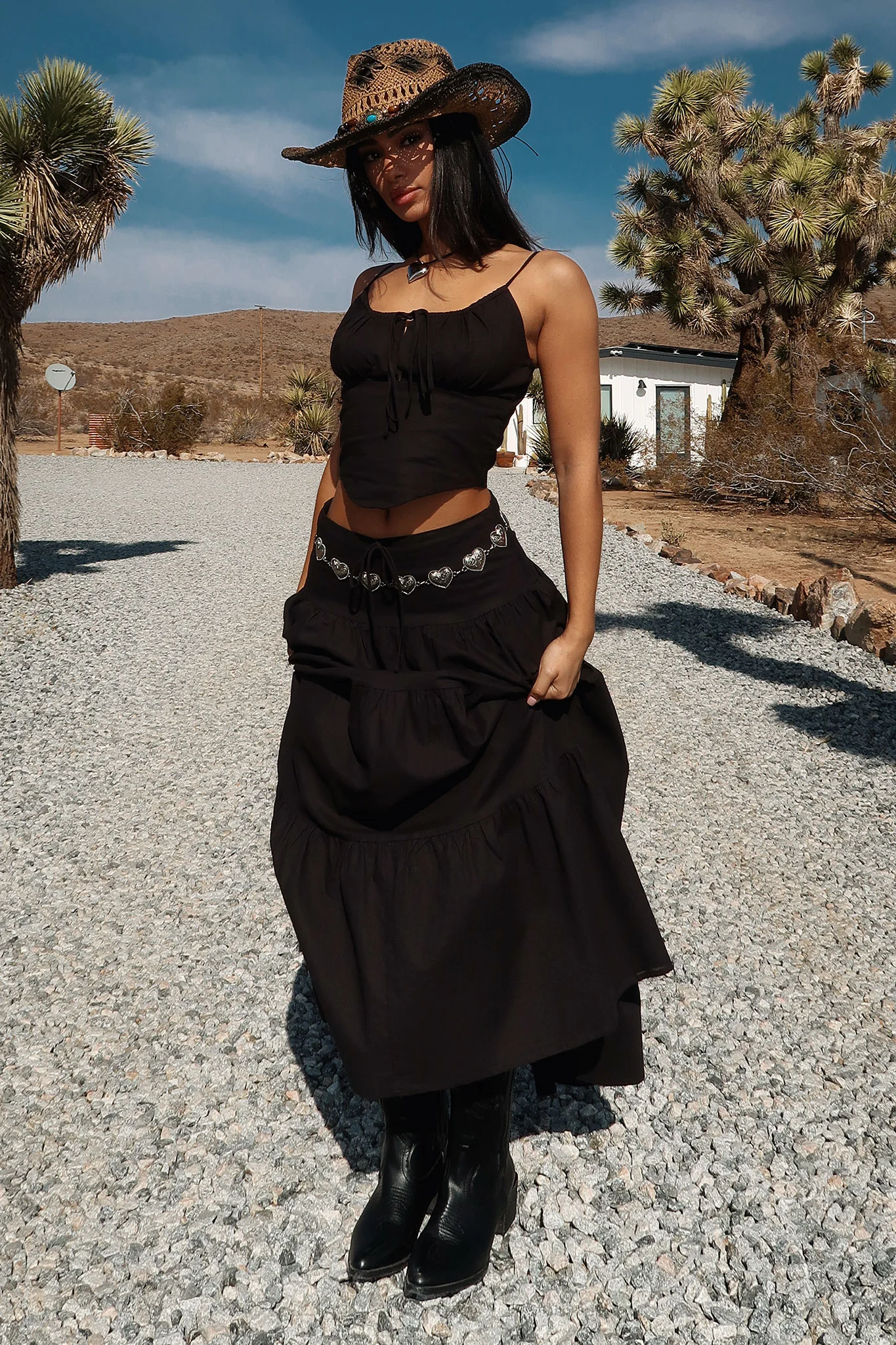 Barbados Linen Maxi Skirt - Black - EHAORUI