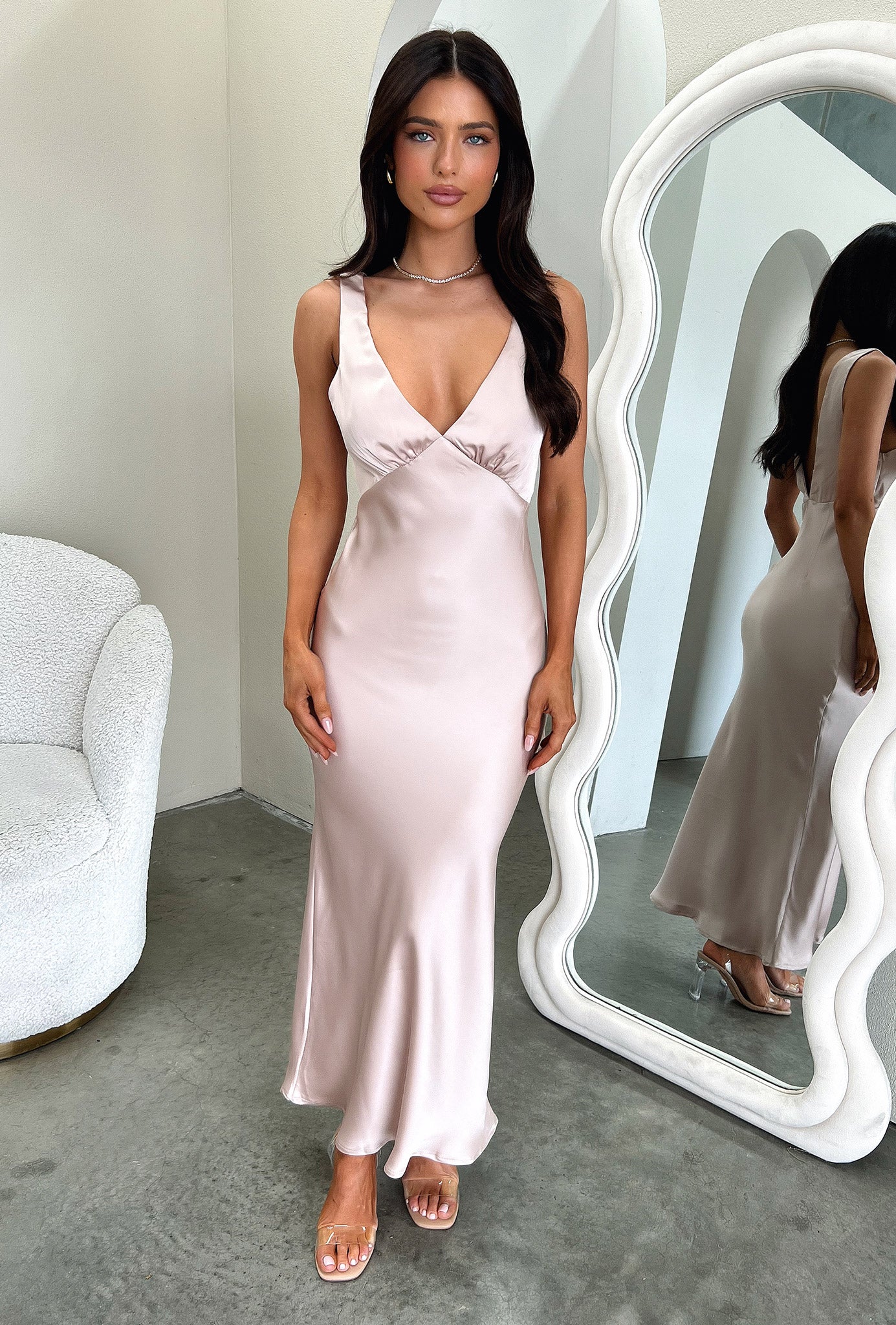 Delayne V-Neck Satin Midi Dress - Champagne - EHAORUI