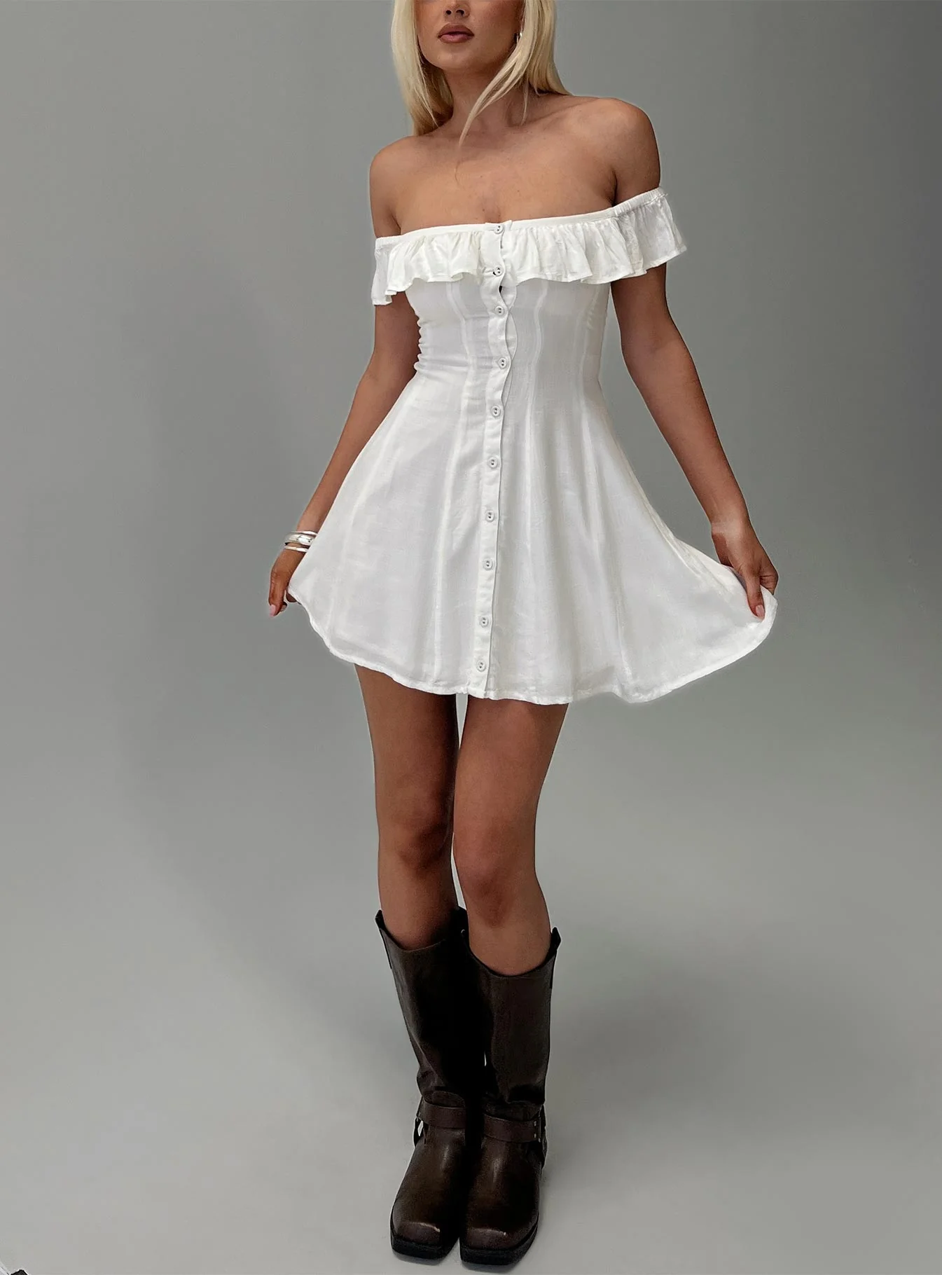 Corail Off Shoulder Frill Mini Dress White - EHAORUI