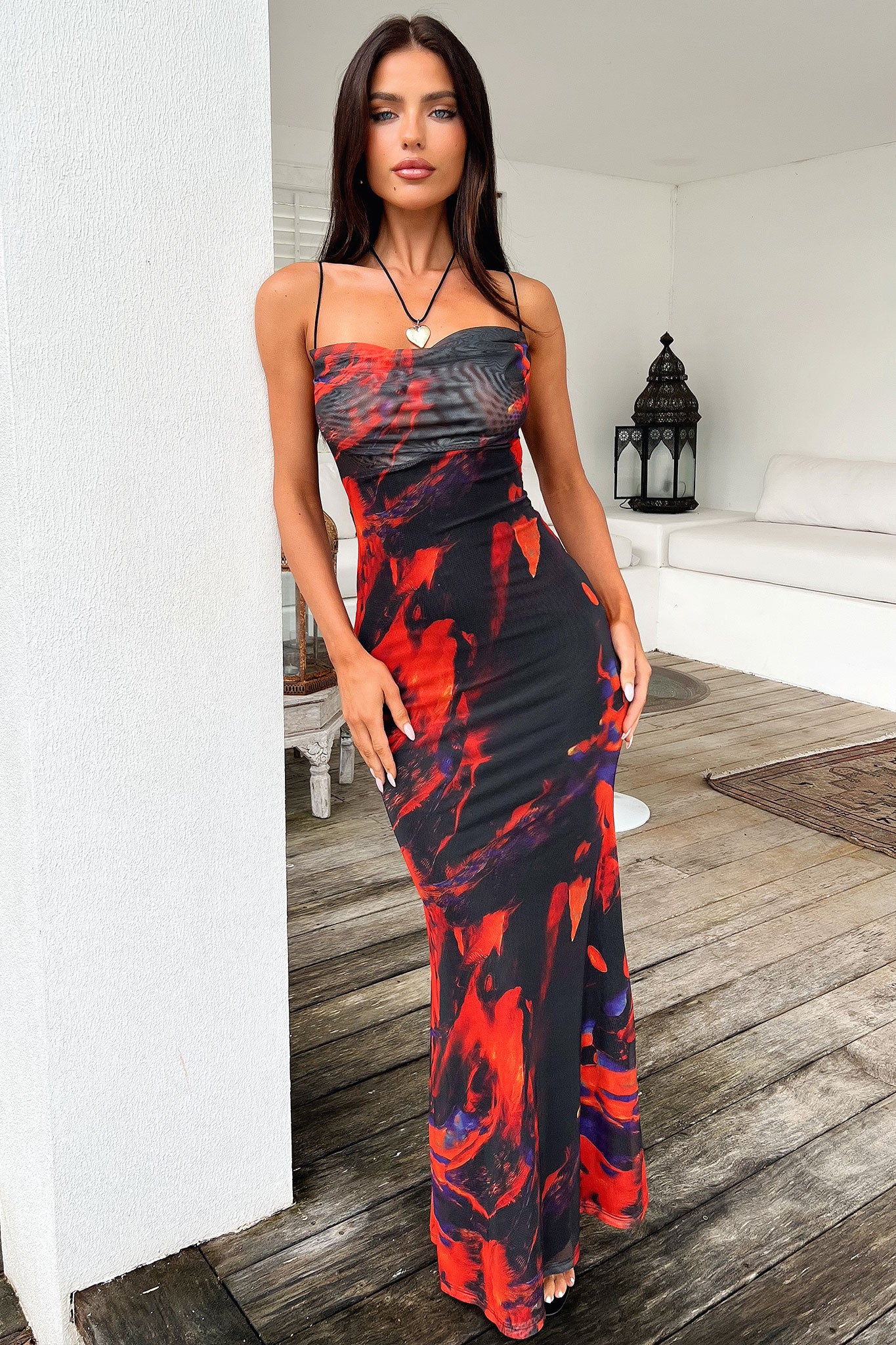 Barb Mesh Maxi Dress - Black/Red - EHAORUI