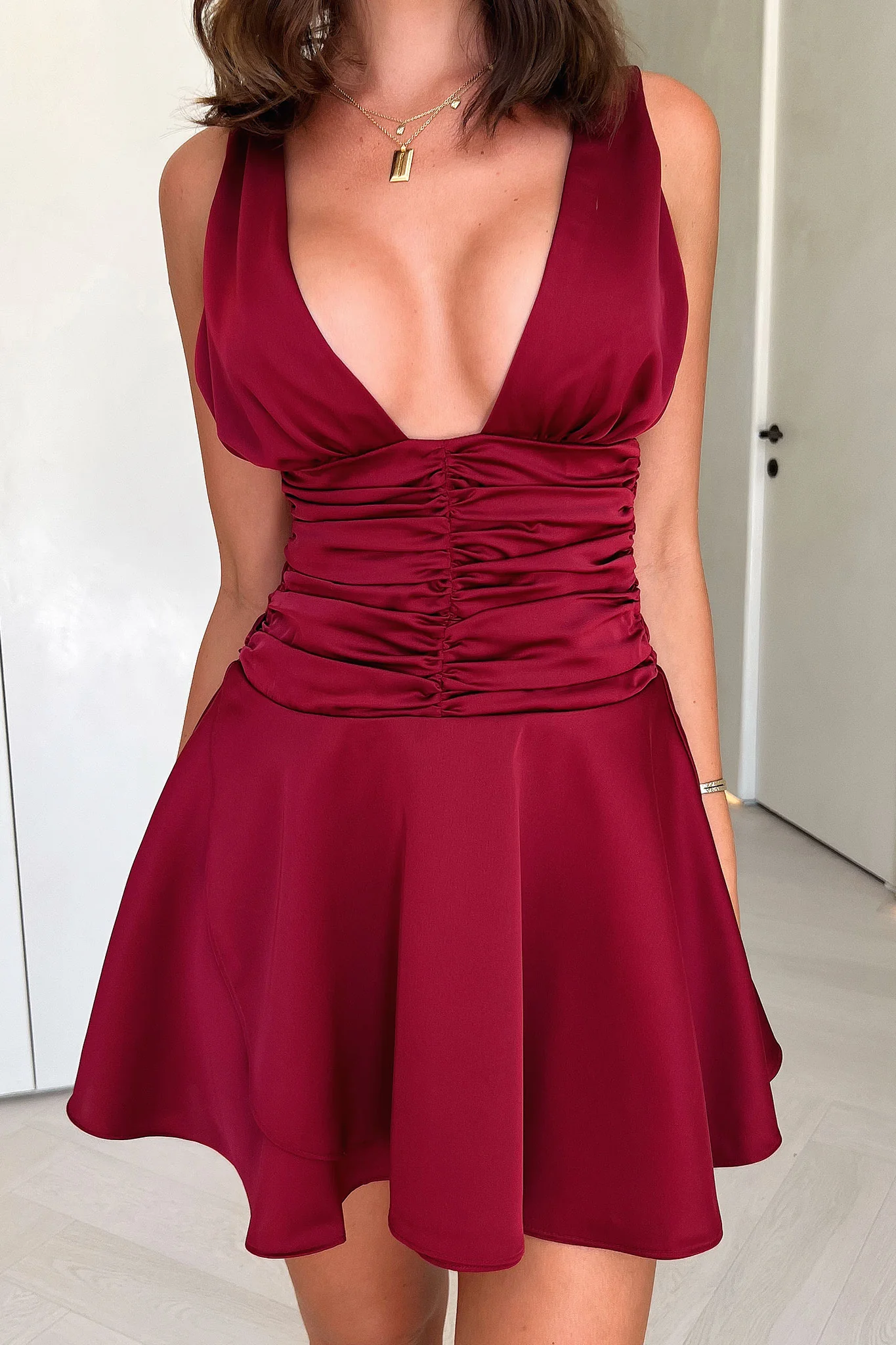 Jane Satin Mini Dress - Burgundy - EHAORUI