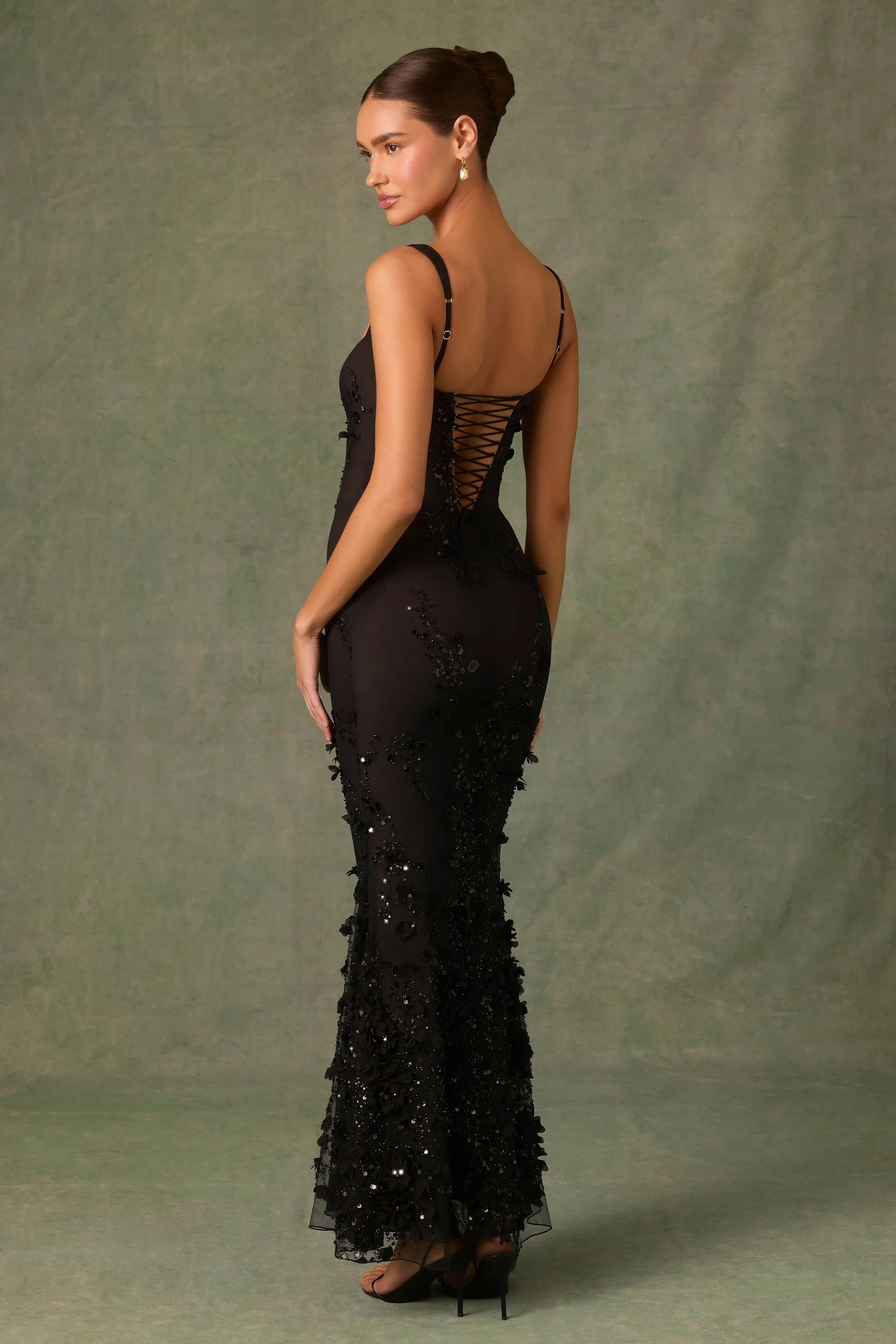 Embellished Fishtail Corset Gown in Black - EHAORUI