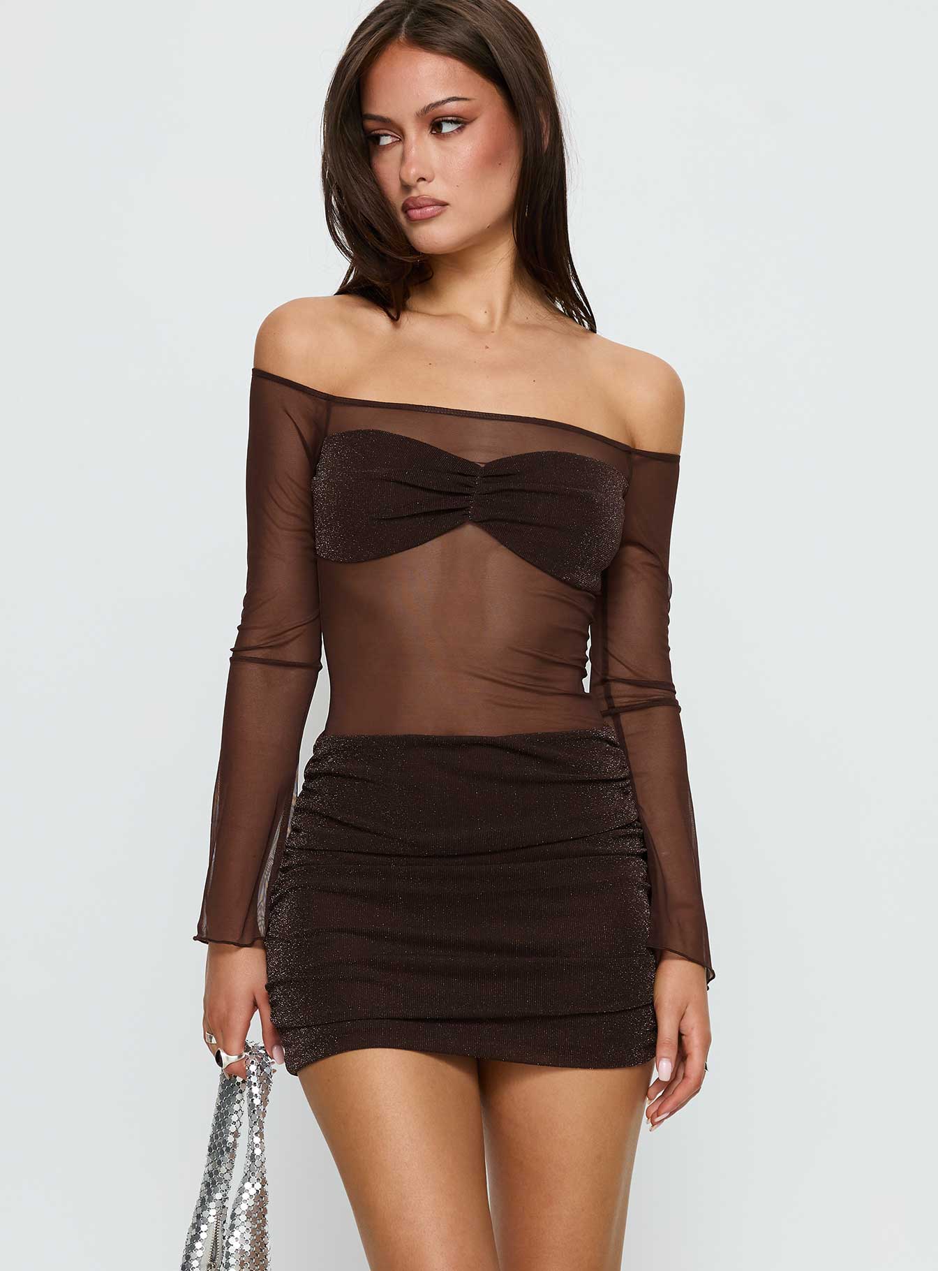 Briseida Mesh Long Sleeve Mini Dress Chocolate - EHAORUI