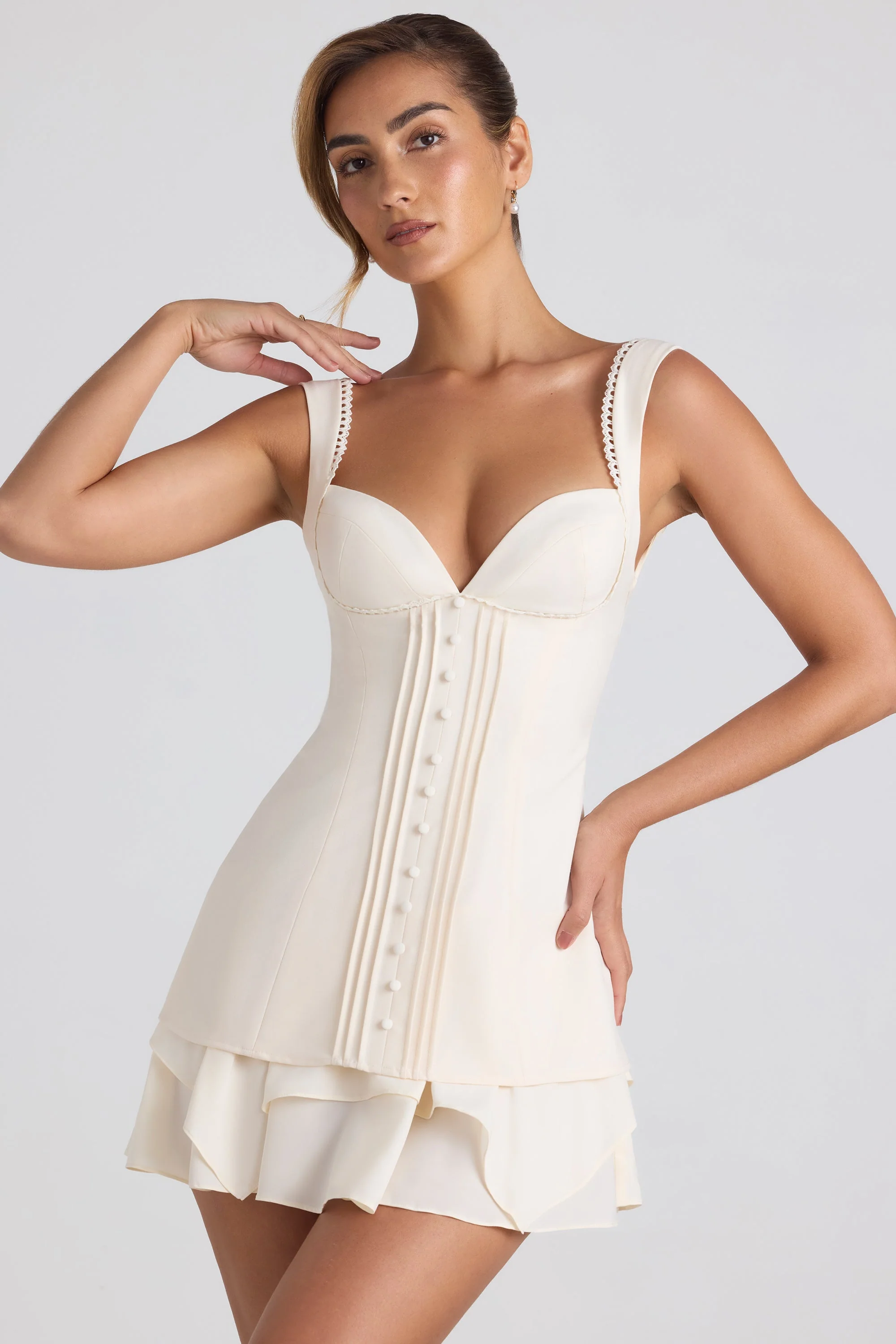 Ruffle-Trim Button-Detail Corset Mini Dress in Ivory - EHAORUI