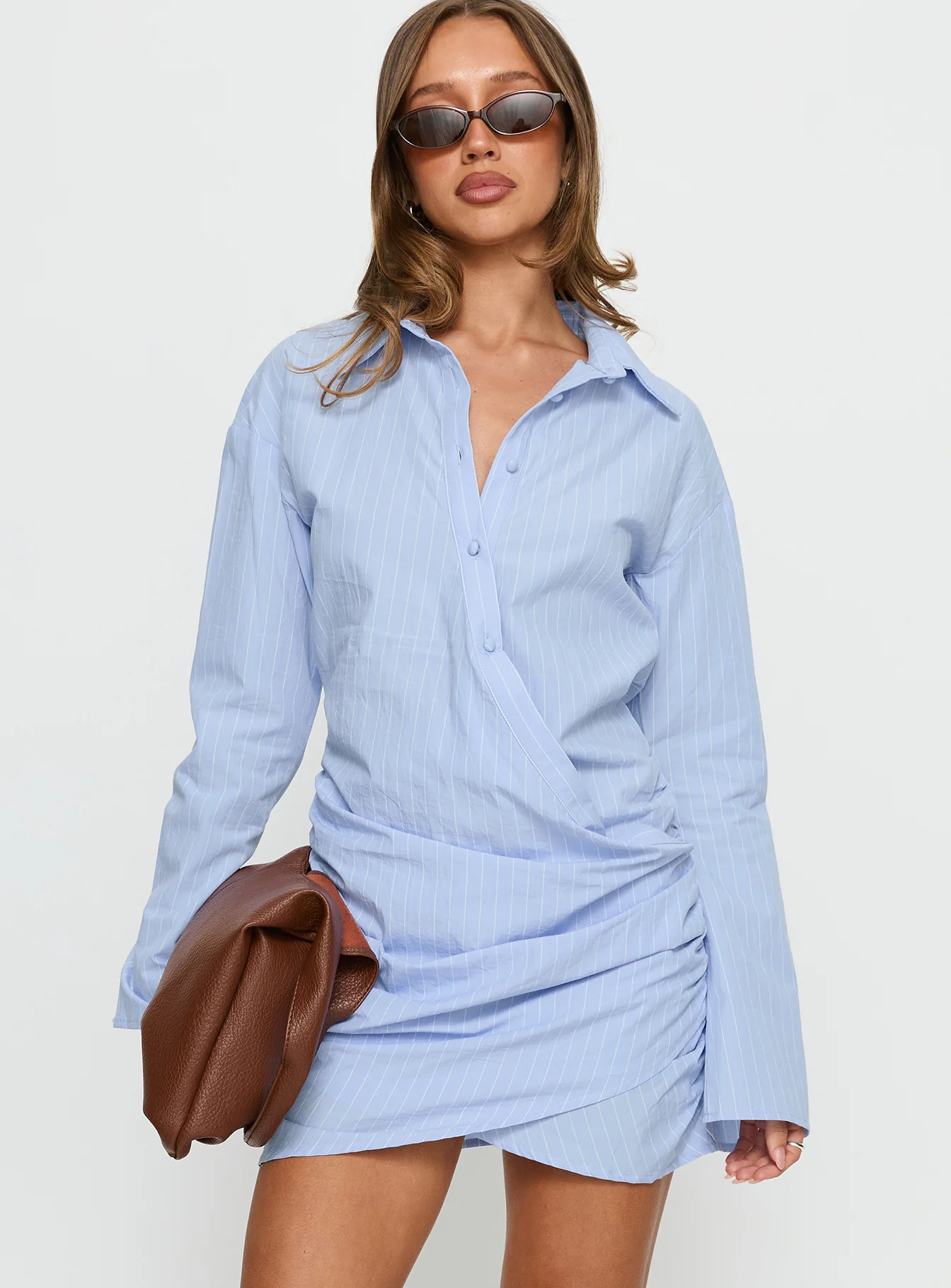 Well Versed Long Sleeve Ruched Shirt Mini Dress Blue - EHAORUI