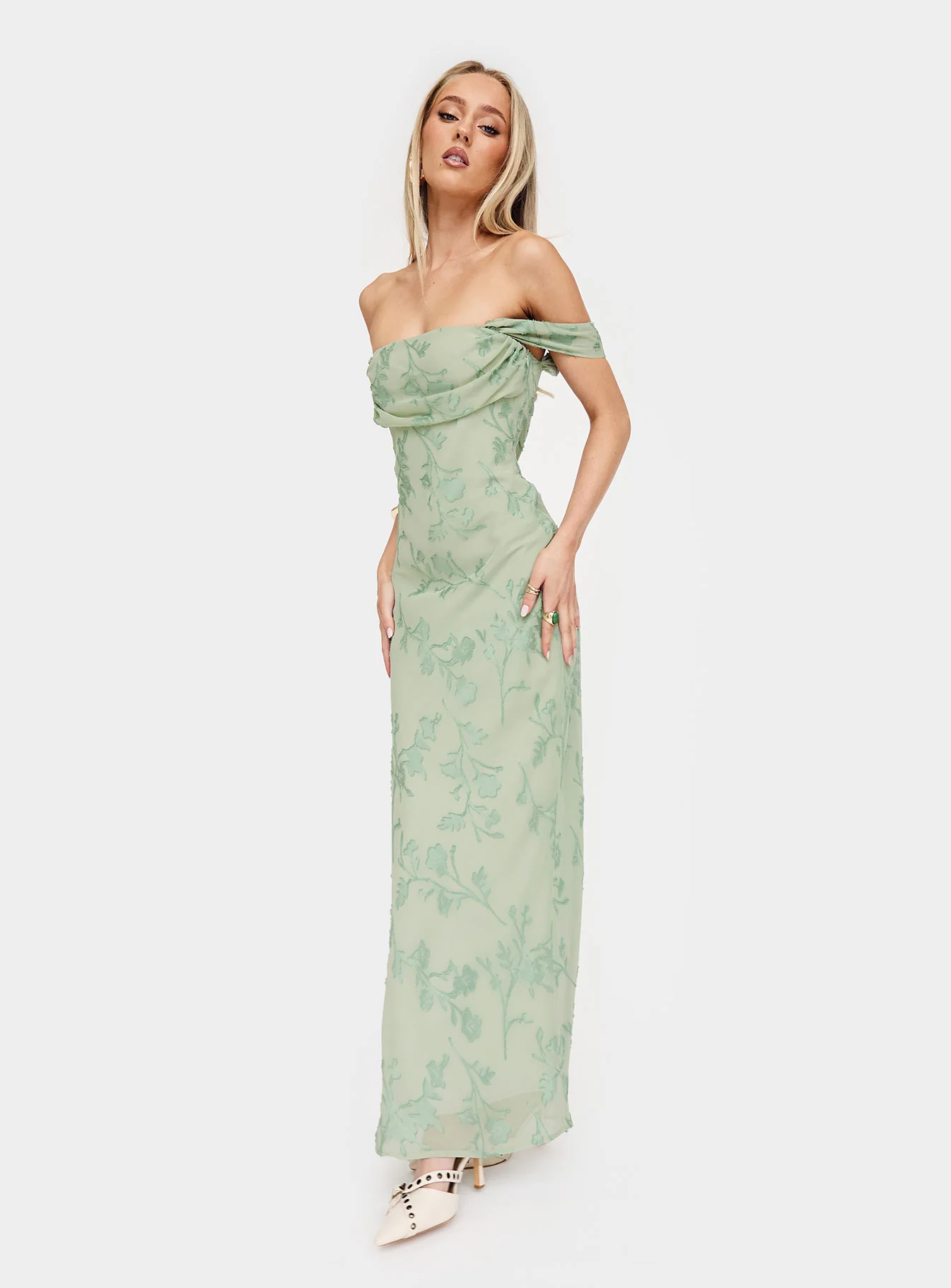 Azura Off The Shoulder Maxi Dress Green Burnout - EHAORUI