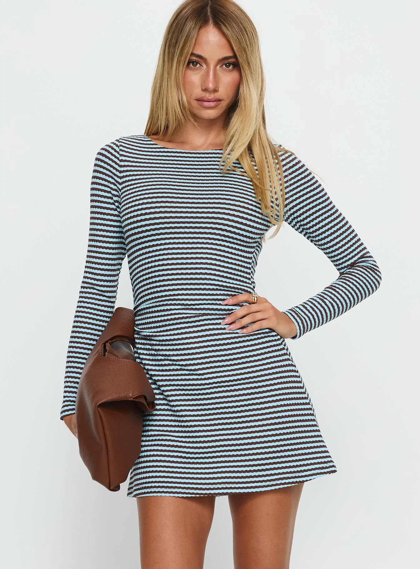 Carnella Long Sleeve Mini Dress Blue Stripe - EHAORUI