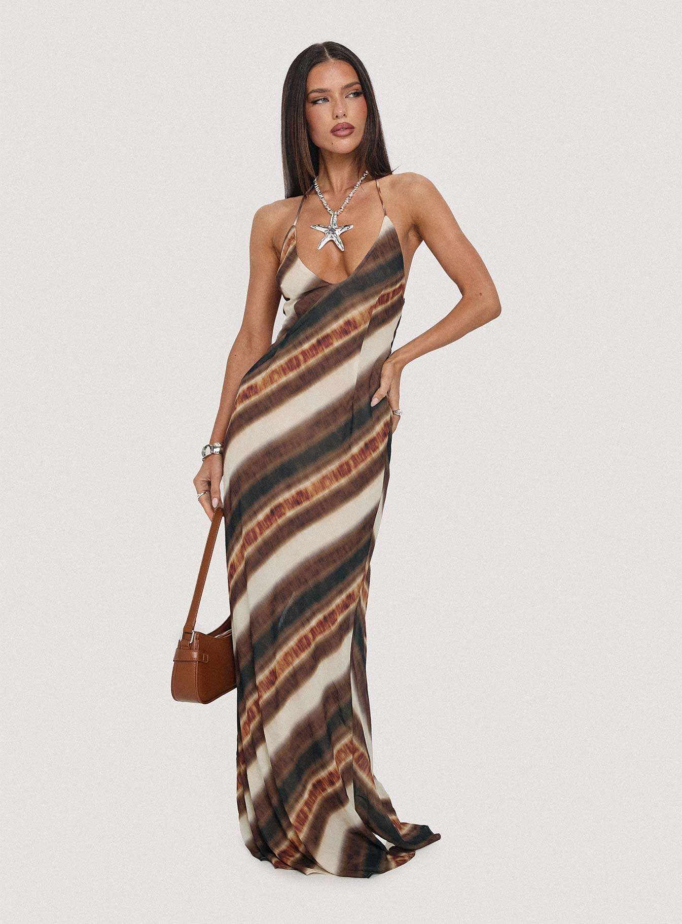 Esmira Halter Maxi Dress Brown Stripe - EHAORUI