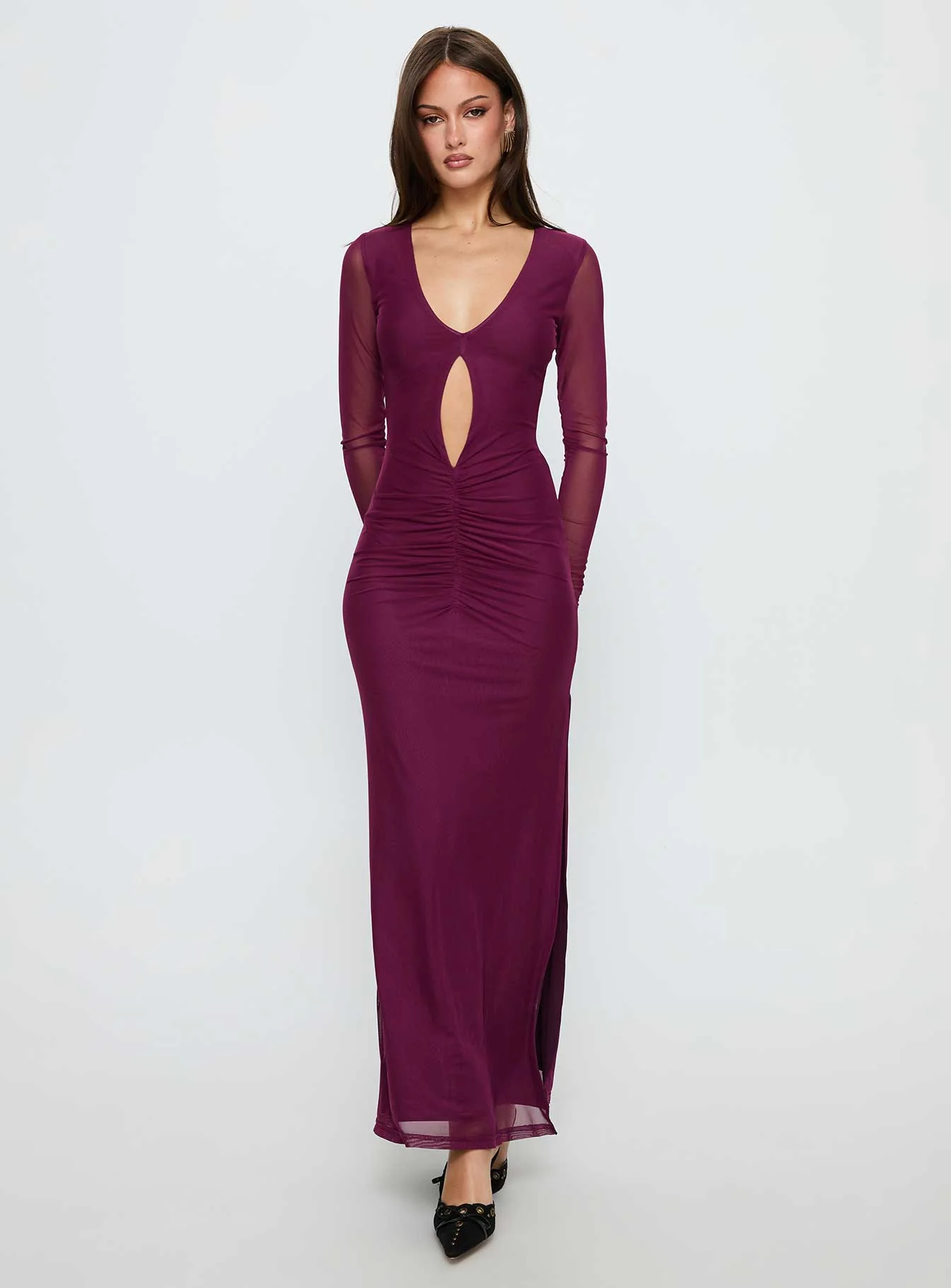 Darkside Long Sleeve Cut Out Plunge Maxi Dress Plum - EHAORUI
