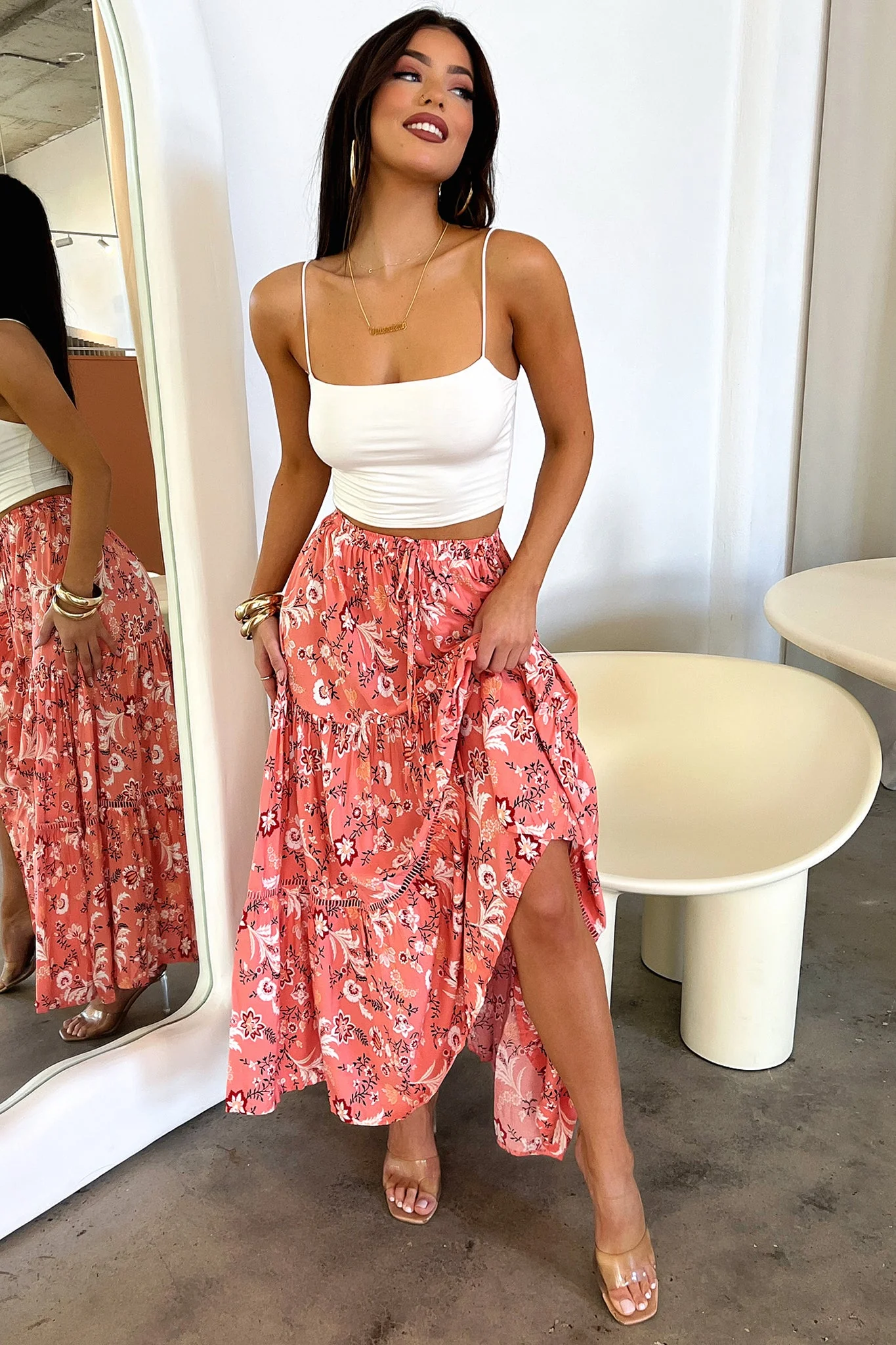 Kei Maxi Skirt - Pink Floral - EHAORUI
