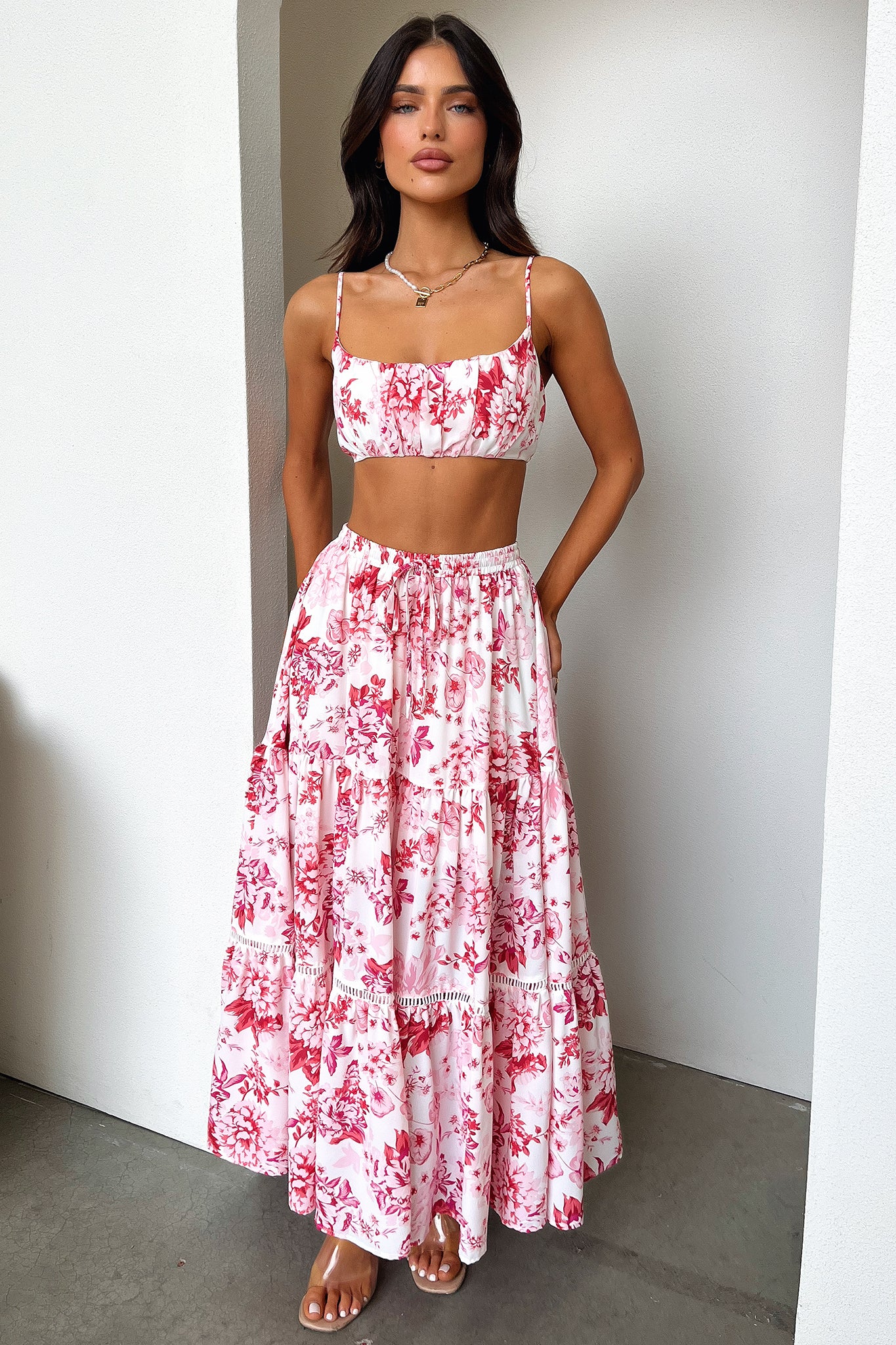 Kei Maxi Skirt - Pink / Red Floral - EHAORUI