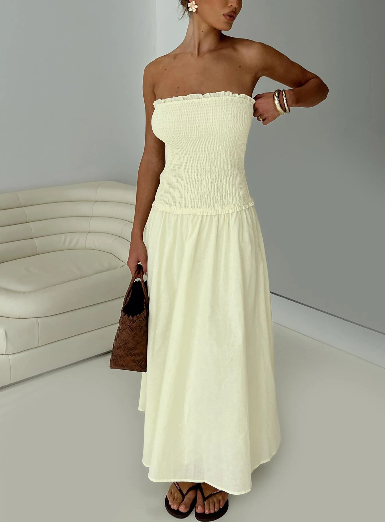 Tinsie Strapless Maxi Dress Yellow - EHAORUI