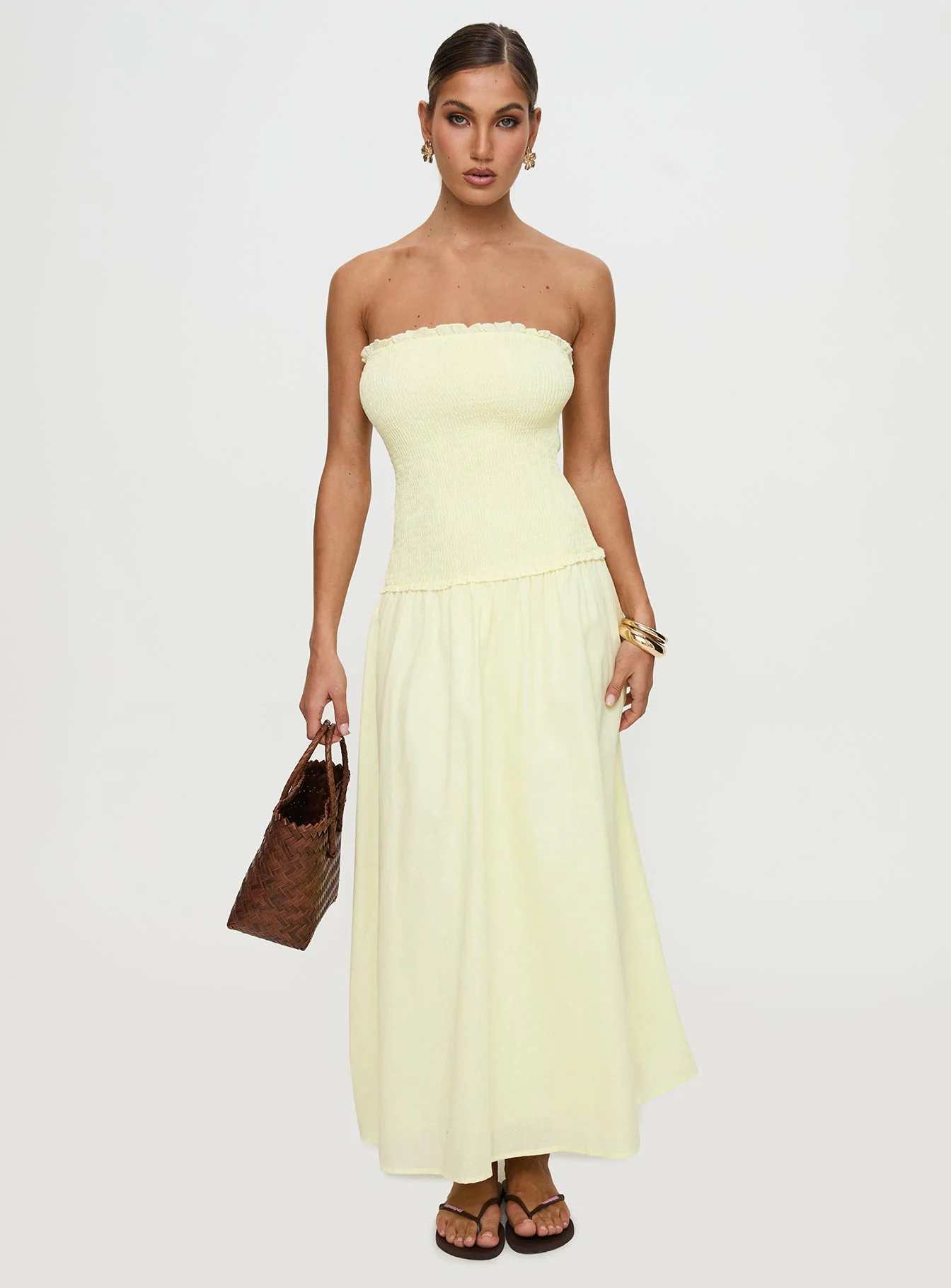 Tinsie Strapless Maxi Dress Yellow - EHAORUI