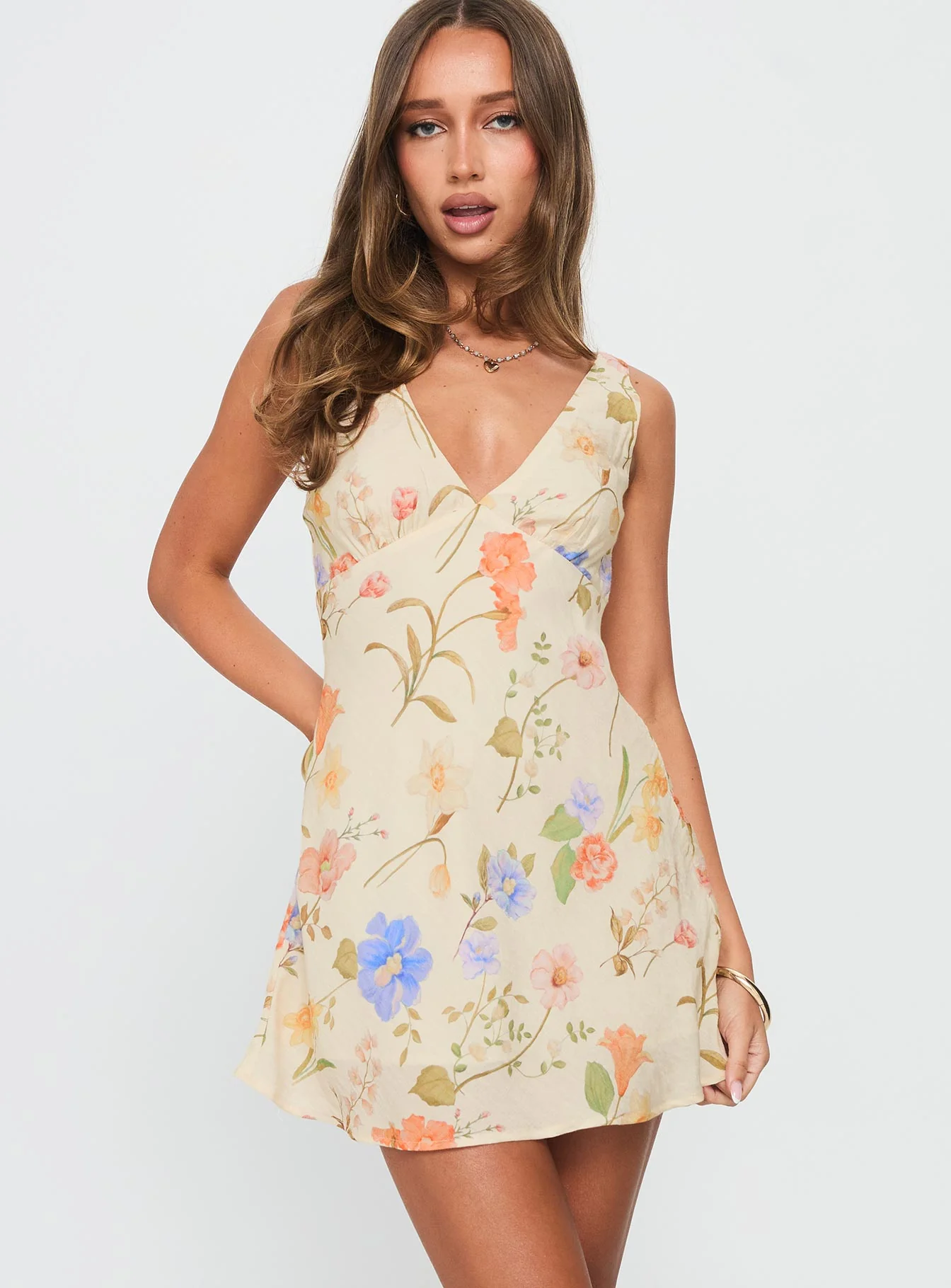 Pennie Bias Mini Dress Cream / Floral - EHAORUI