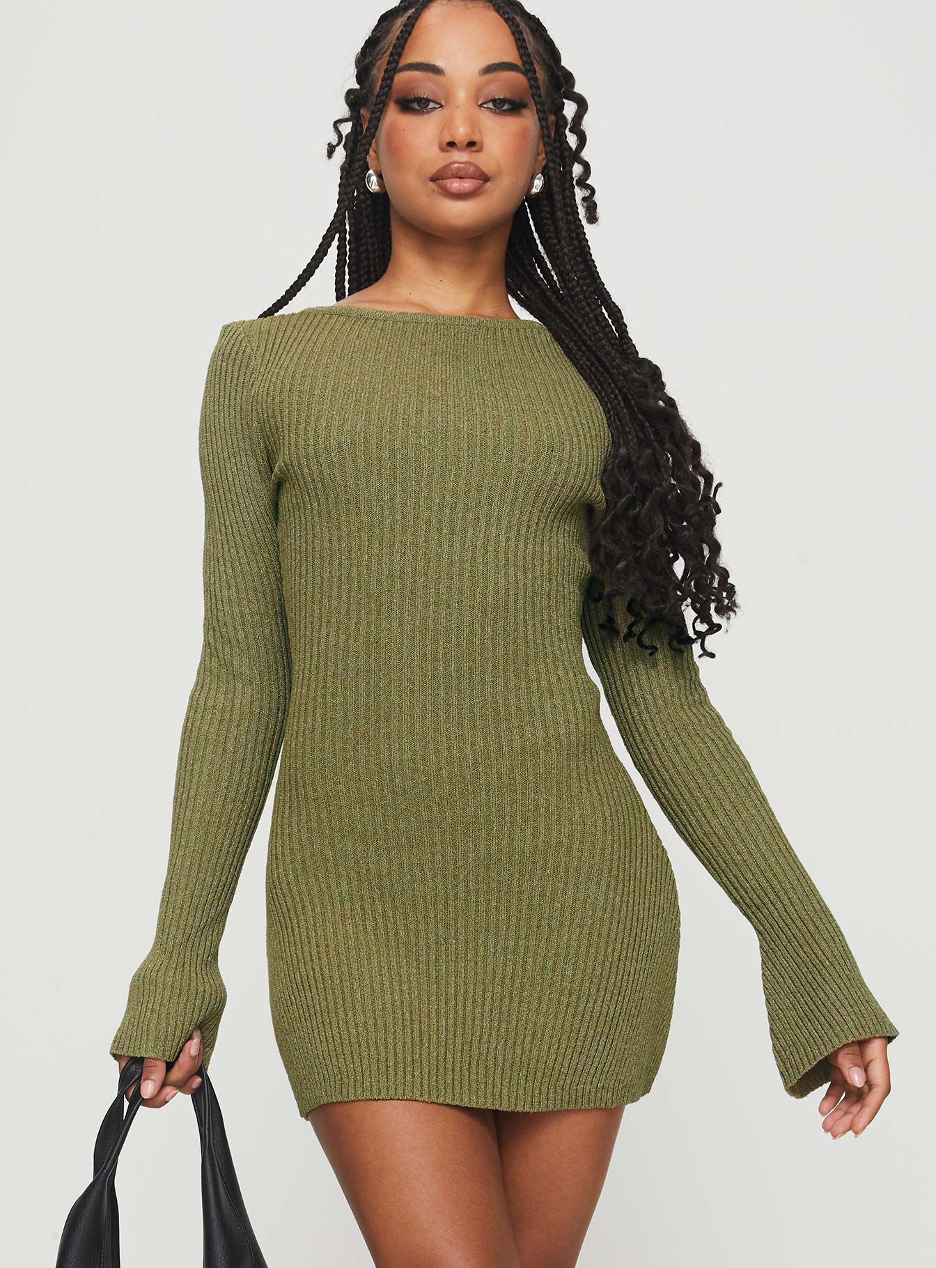 Osment Long Sleeve Knit Mini Dress Olive - EHAORUI