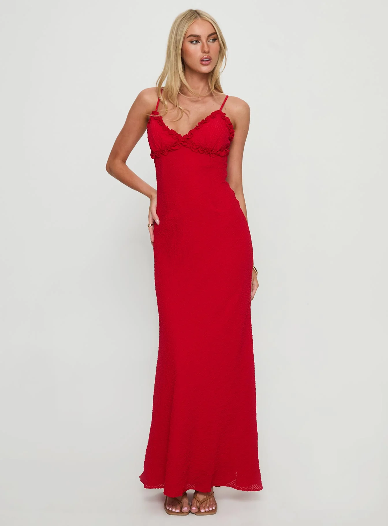 Willah Frill Trim Maxi Dress Red - EHAORUI